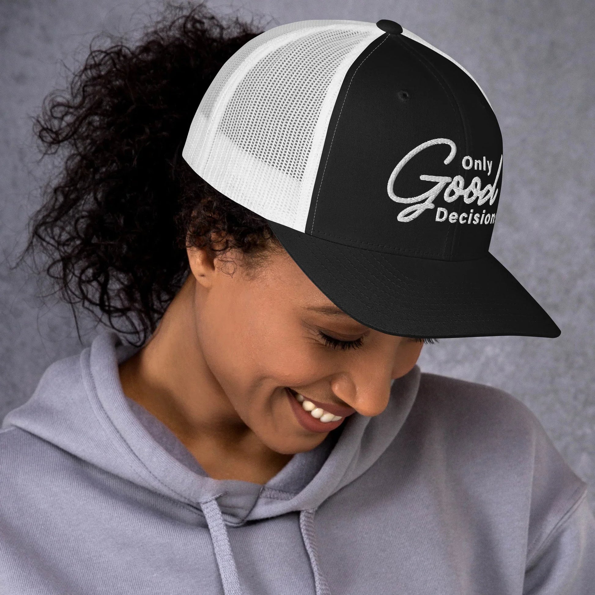 Only Good Decisions Large Print Trucker Cap - Only Good Decisions