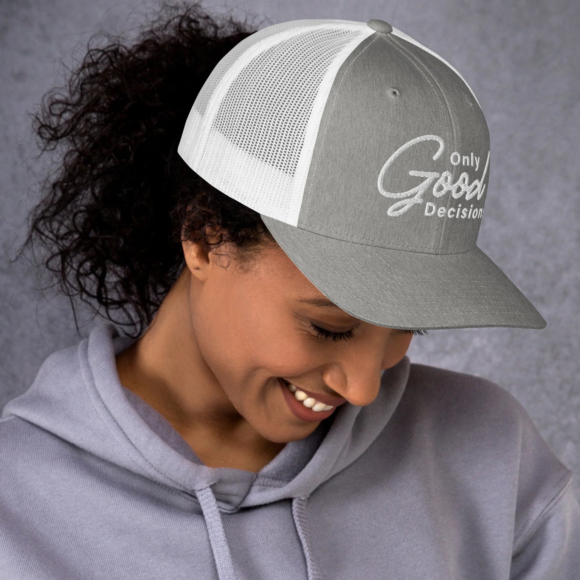 Only Good Decisions Large Print Trucker Cap - Only Good Decisions