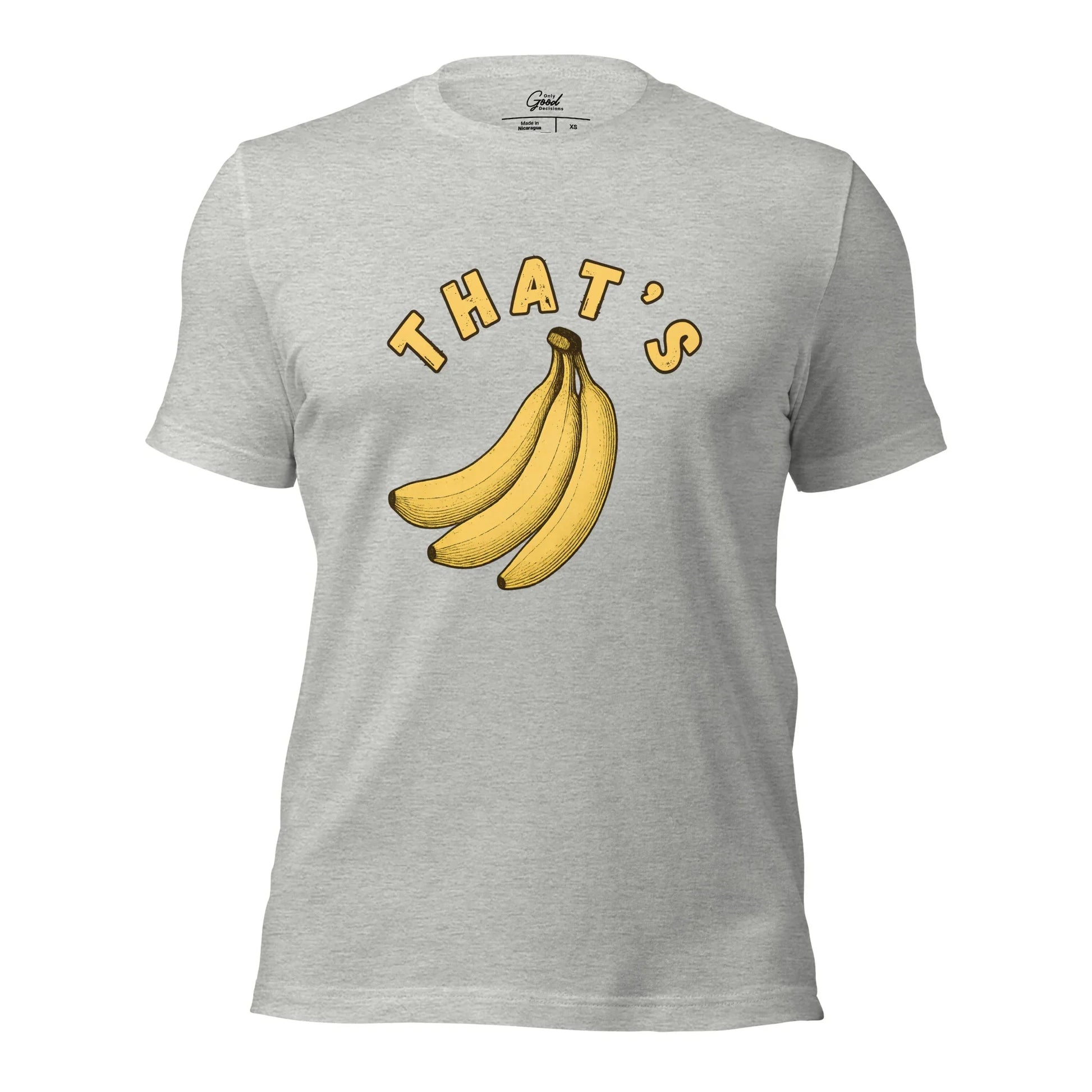 Athletic Heather That's Bananas visual pun graphic tee featuring the text "THAT'S" curved over an illustration of a bunch of bananas.