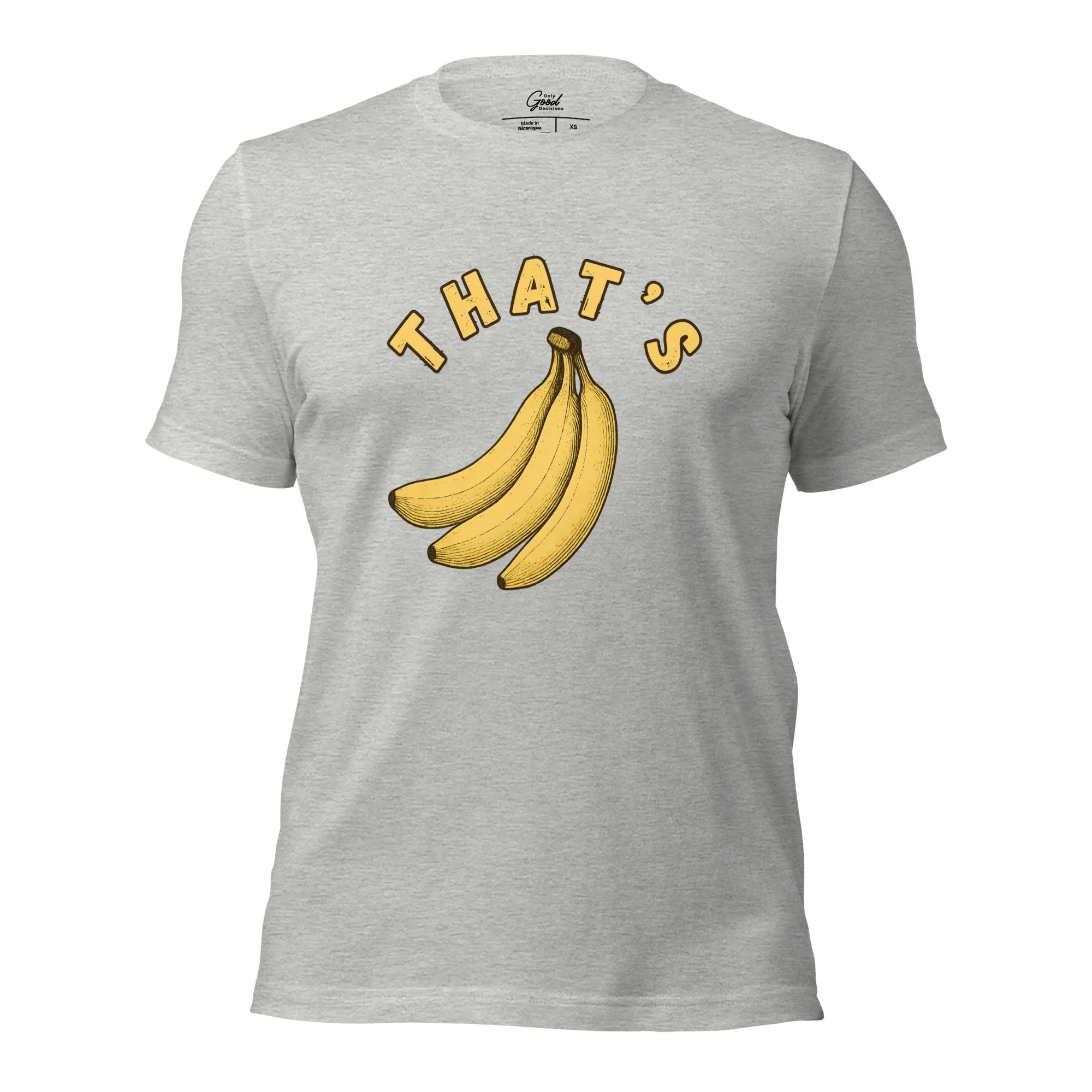 Athletic Heather That's Bananas visual pun graphic tee featuring the text "THAT'S" curved over an illustration of a bunch of bananas.