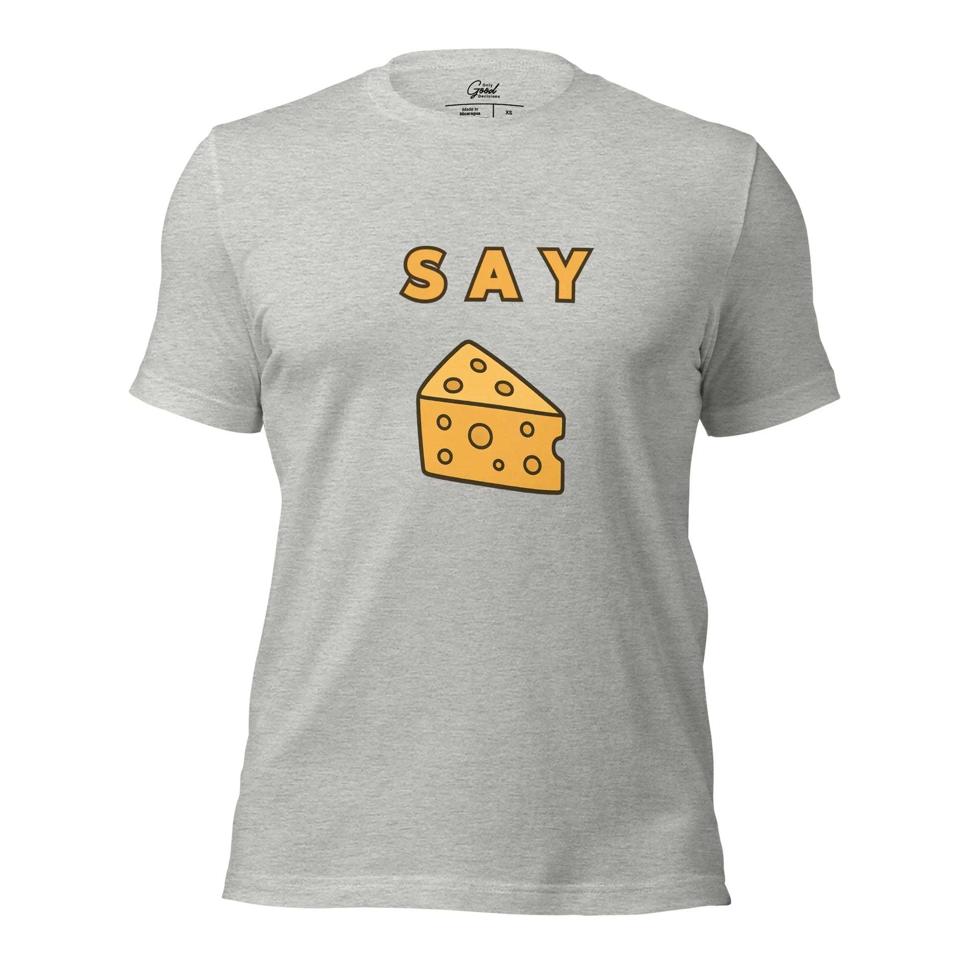 Athletic Heather Say Cheese visual pun graphic tee featuring the text "SAY" above a cartoon illustration of a wedge of swiss cheese.