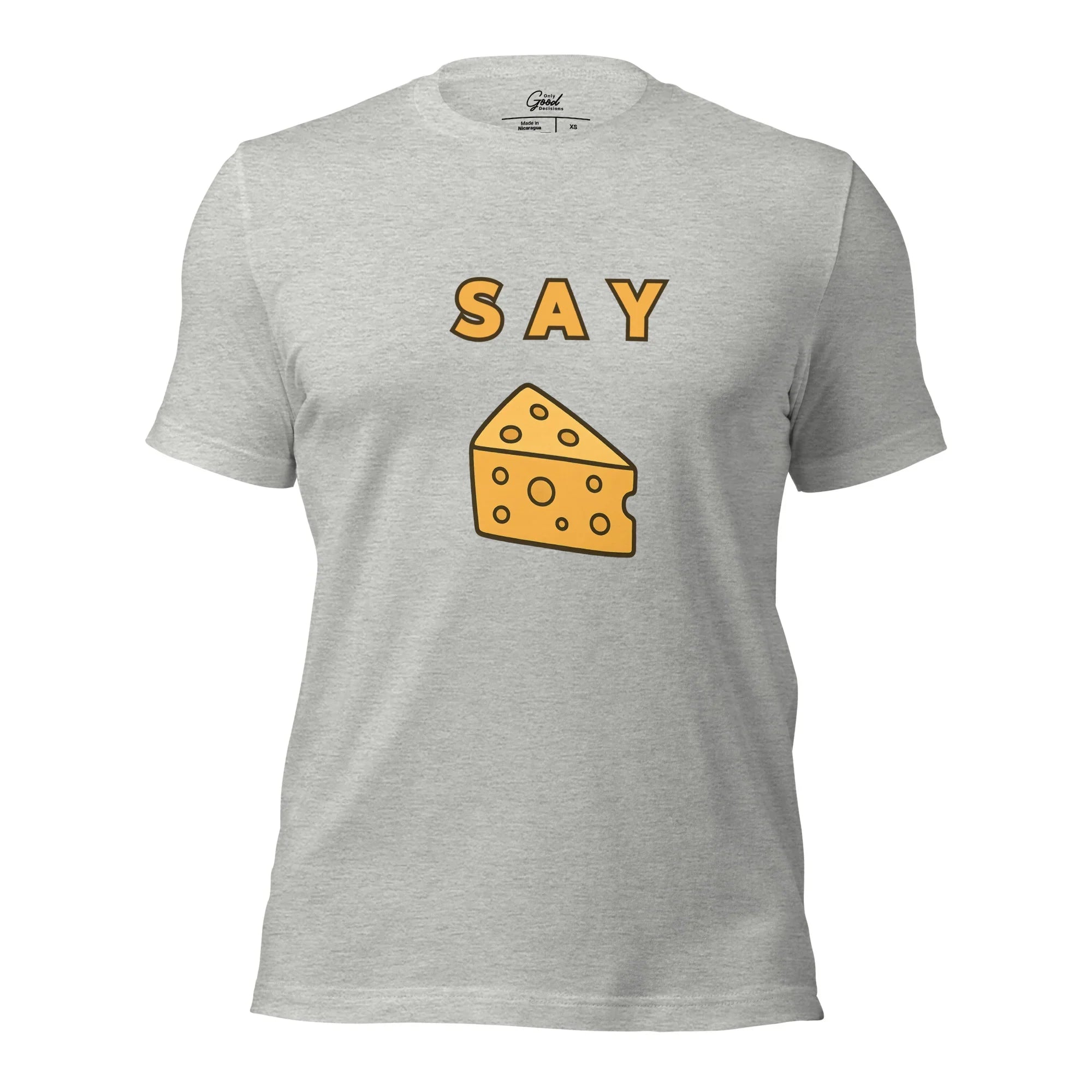 Athletic Heather Say Cheese visual pun graphic tee featuring the text "SAY" above a cartoon illustration of a wedge of swiss cheese.