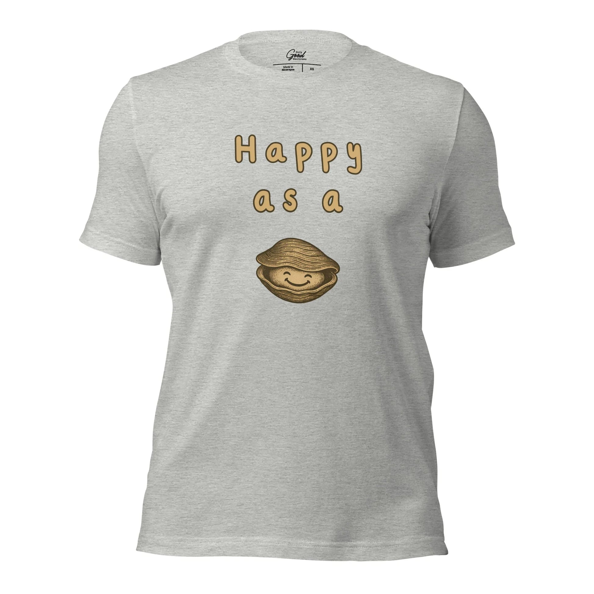 Athletic Heather Happy As A Clam classic idiom graphic tee featuring the text "Happy as a" above a cartoon illustration of a smiling clam.