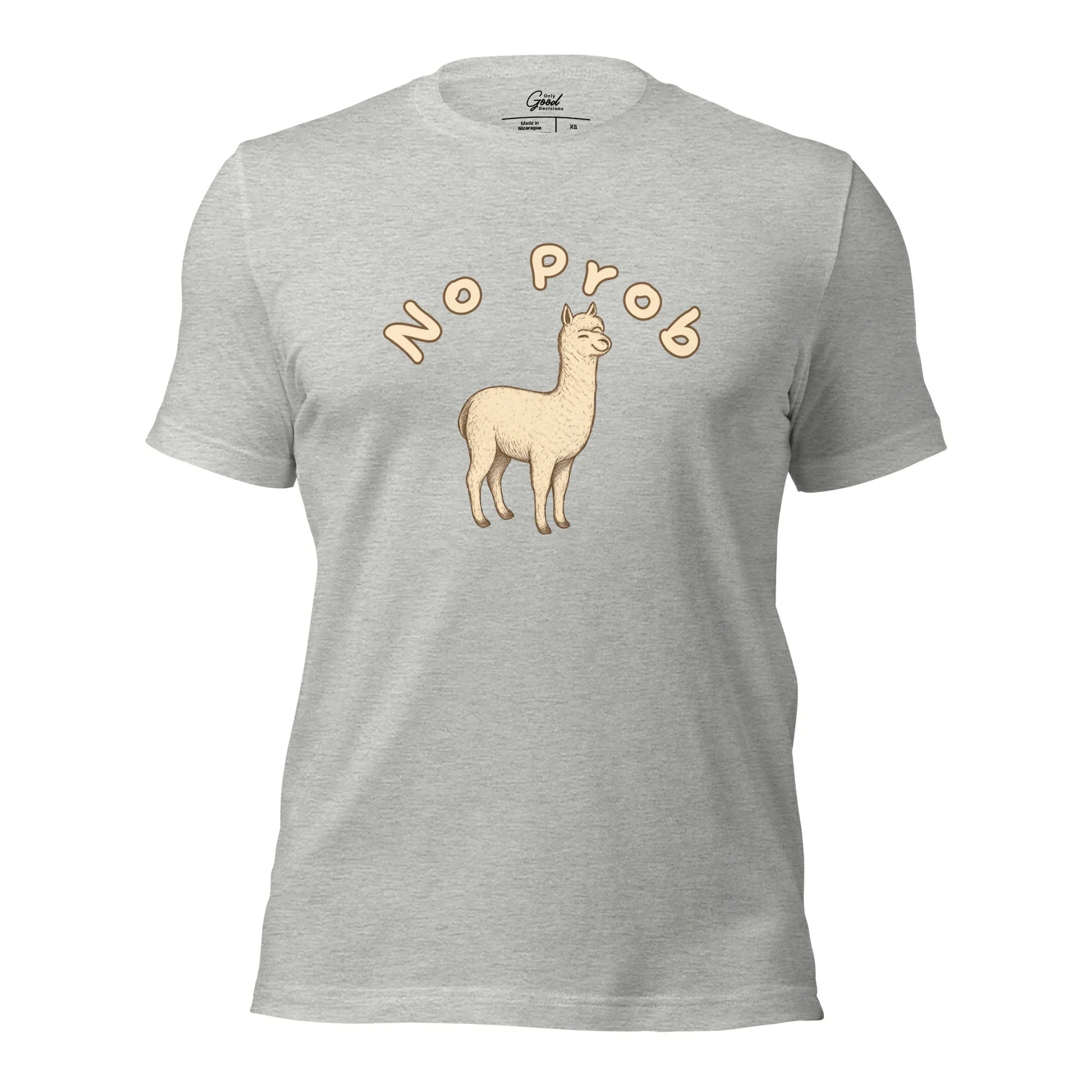 Athletic Heather No Prob-llama animal pun graphic tee featuring the text "NO PROB" arched over an illustration of a standing llama.
