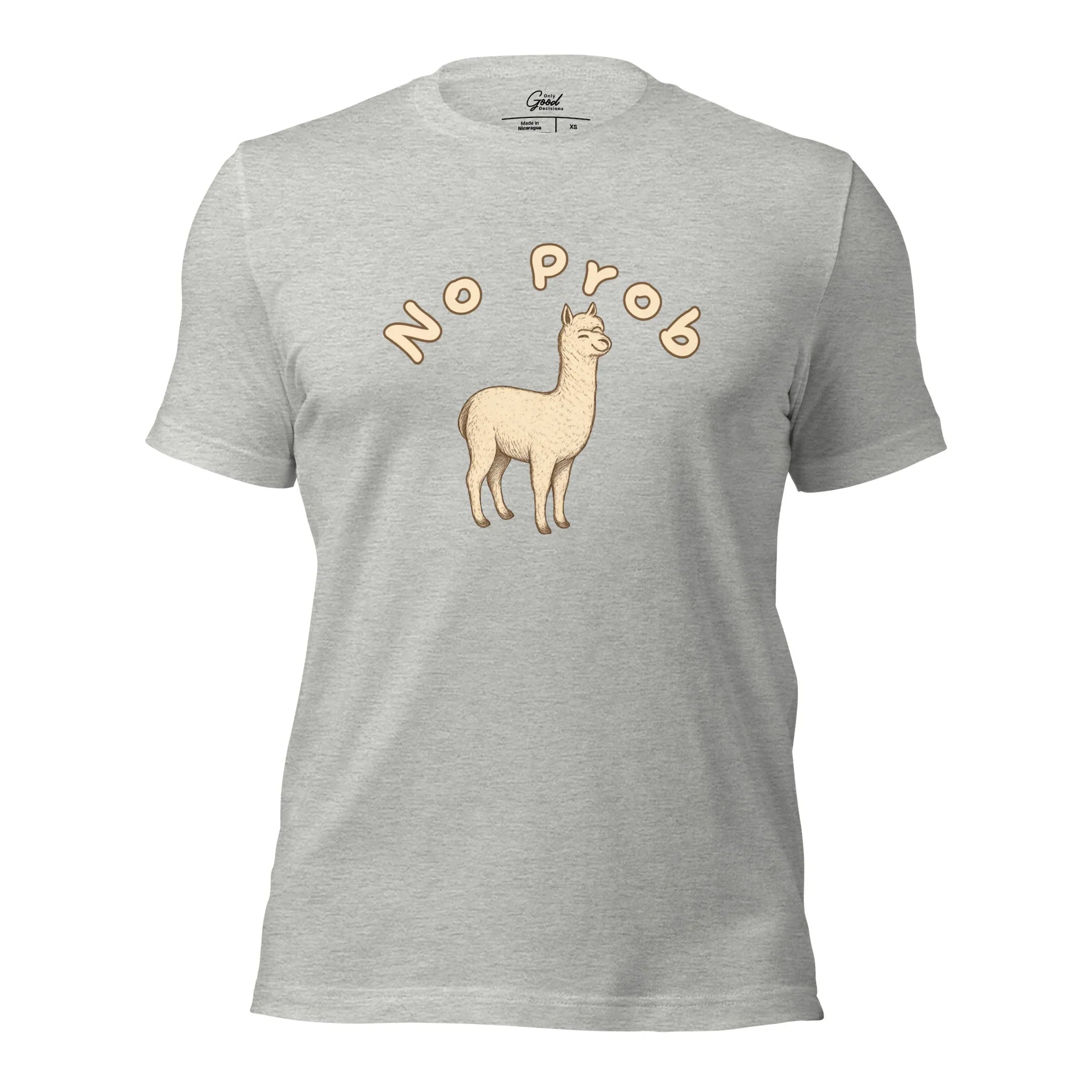 Athletic Heather No Prob-llama animal pun graphic tee featuring the text "NO PROB" arched over an illustration of a standing llama.