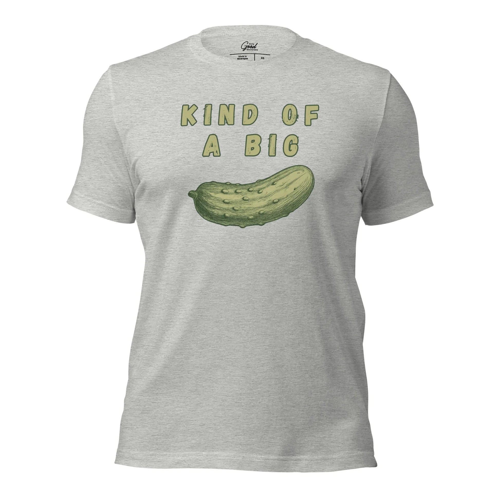 Athletic Heather Kind Of A Big Dill pickle pun graphic tee featuring the text "KIND OF A BIG" above a realistic illustration of a pickle.