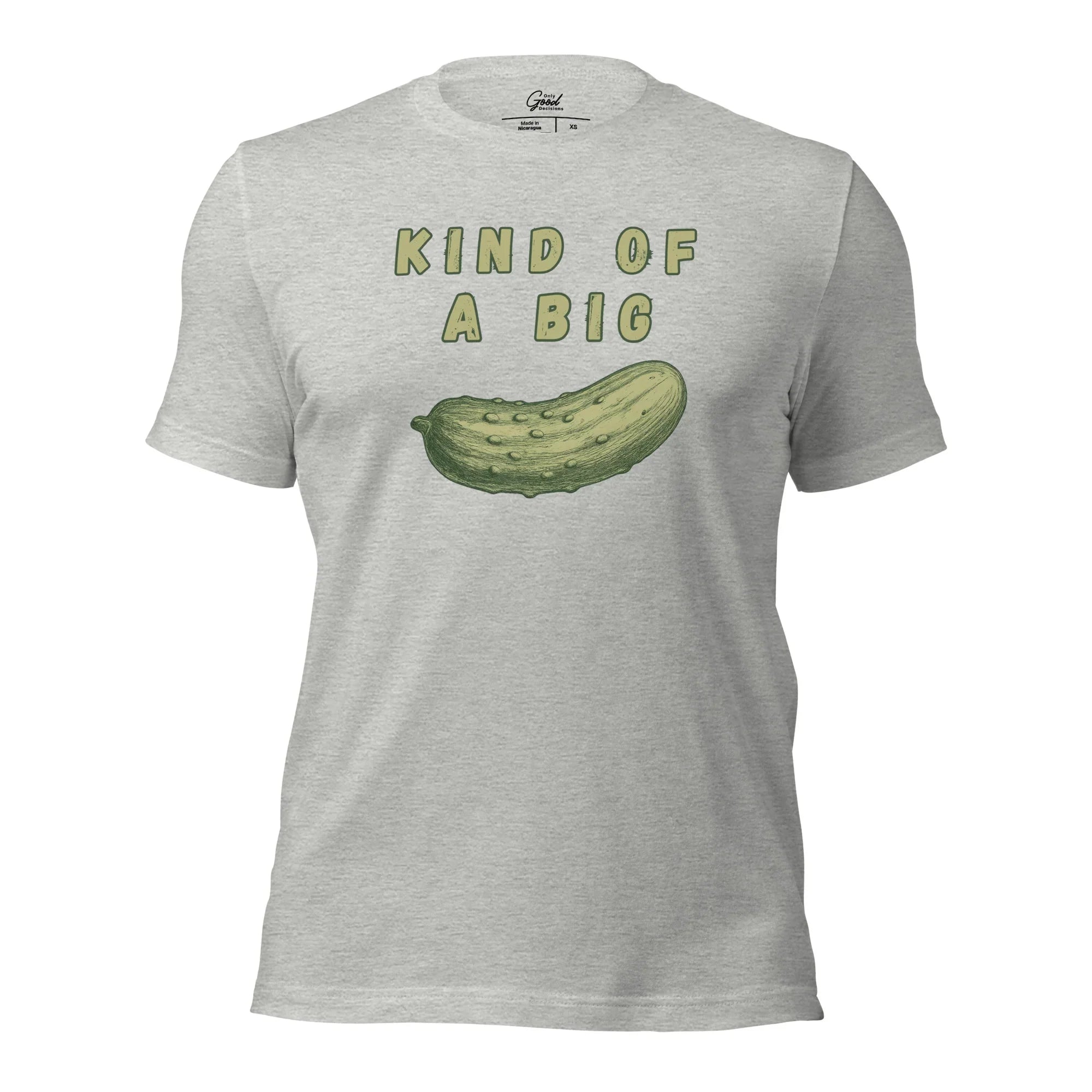 Athletic Heather Kind Of A Big Dill pickle pun graphic tee featuring the text "KIND OF A BIG" above a realistic illustration of a pickle.