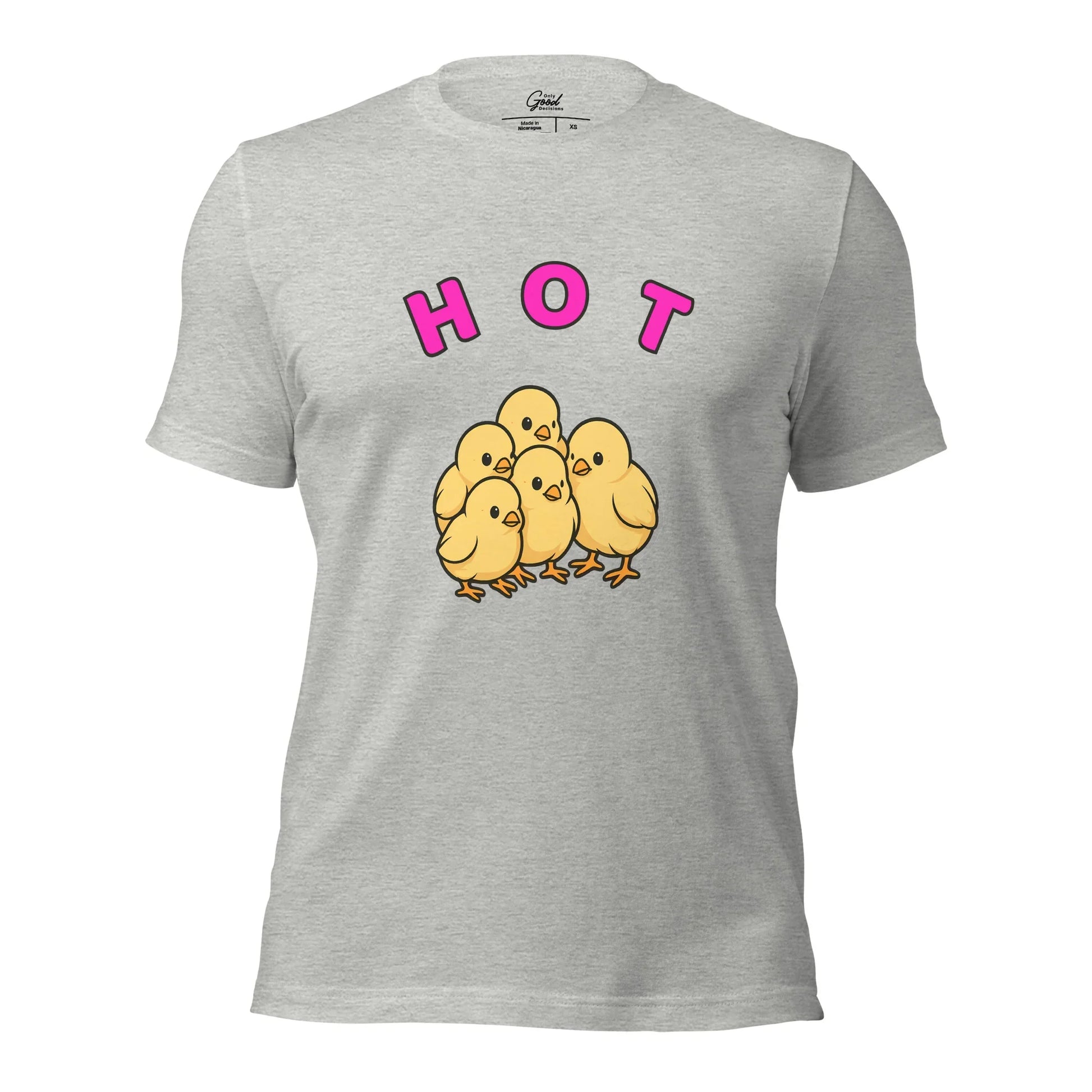 Athletic Heather Hot Chicks visual pun graphic tee featuring the text "HOT" in pink above an illustration of a group of baby chickens.