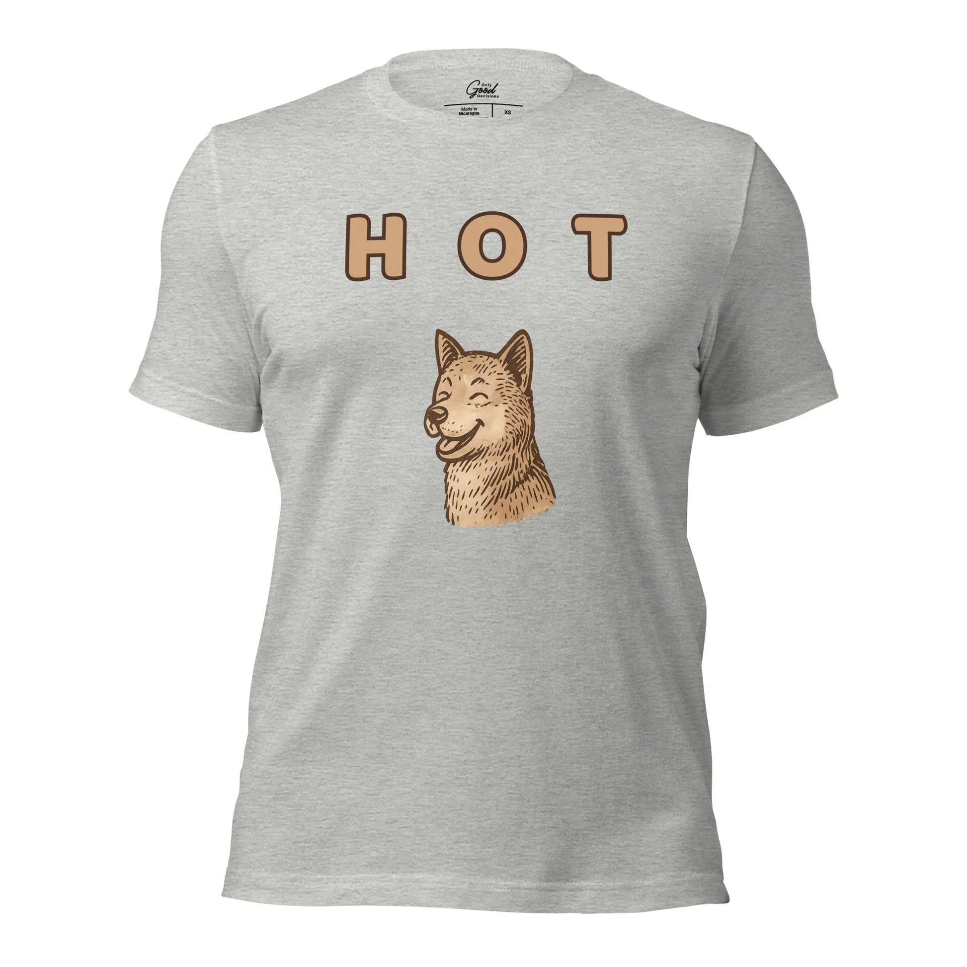 Athletic Heather Hot Dog visual pun graphic tee featuring the text "HOT" above an illustration of a happy, panting dog.