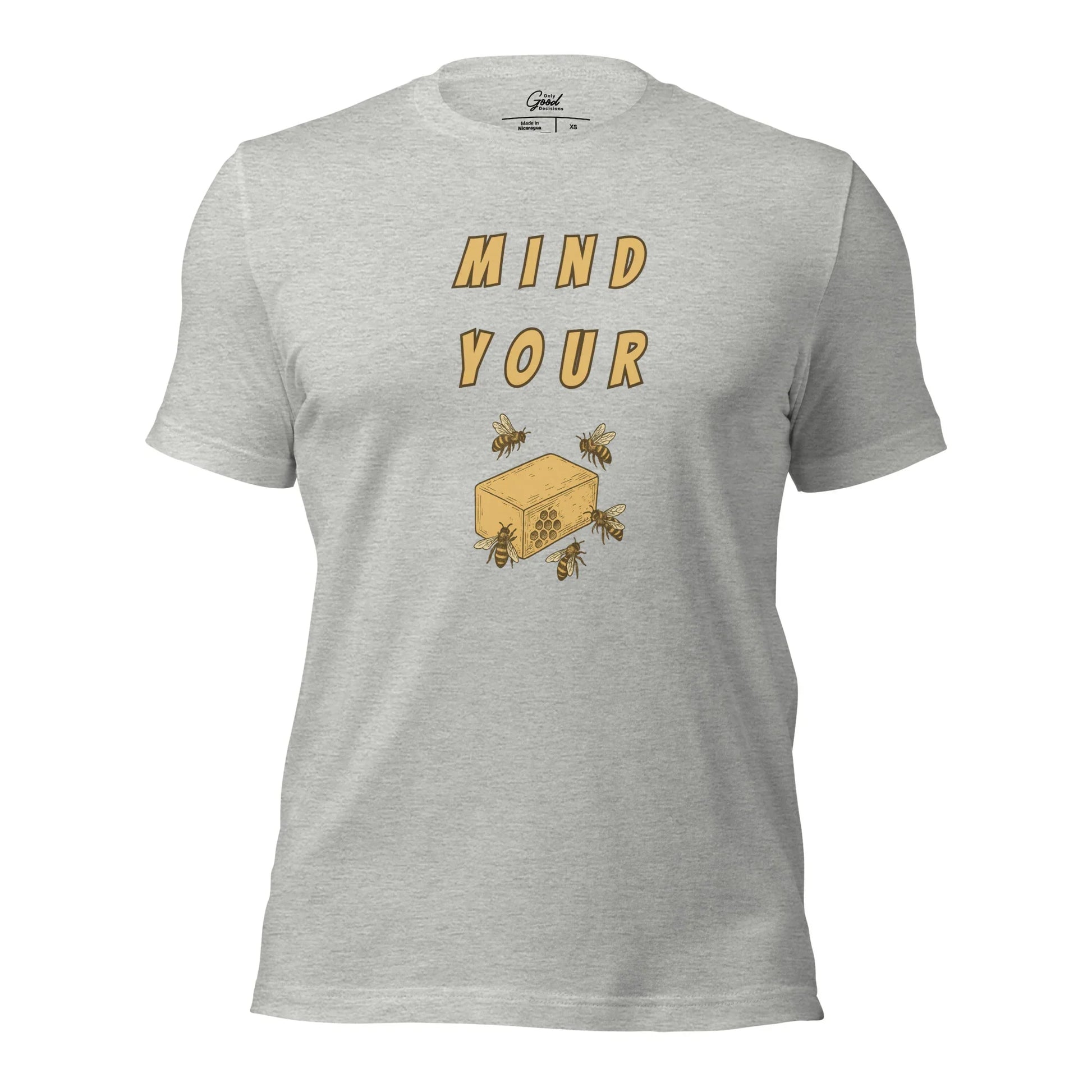 Athletic Heather Mind Your Bee's Wax visual pun graphic tee featuring the text "MIND YOUR" above an illustration of bees and a block of wax.