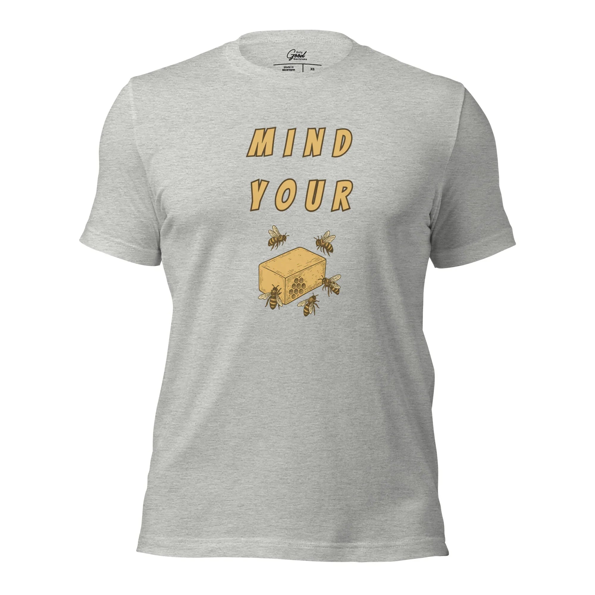 Athletic Heather Mind Your Bee's Wax visual pun graphic tee featuring the text "MIND YOUR" above an illustration of bees and a block of wax.