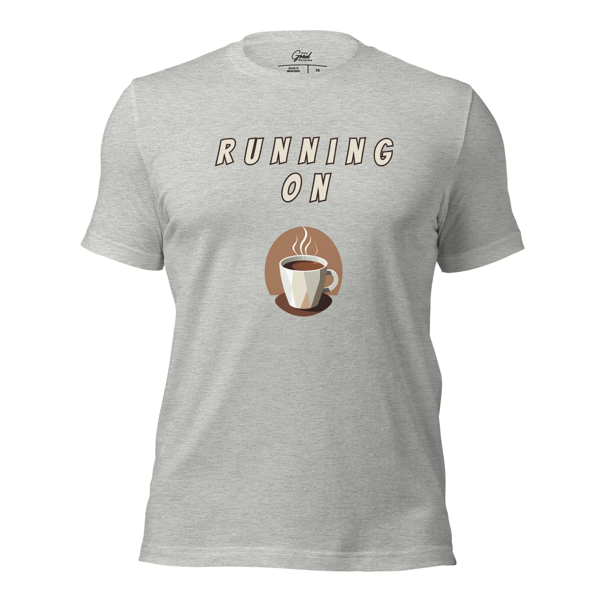 Athletic Heather Running On Espresso coffee lover graphic tee featuring the text "RUNNING ON" above an illustration of a steaming cup of espresso.