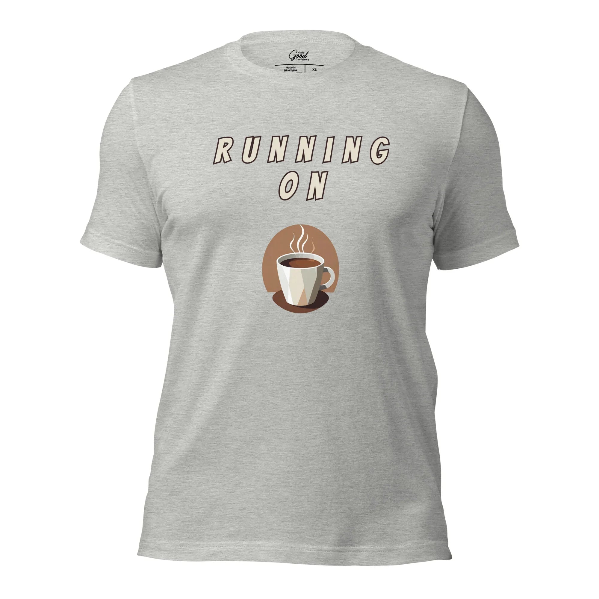 Athletic Heather Running On Espresso coffee lover graphic tee featuring the text "RUNNING ON" above an illustration of a steaming cup of espresso.
