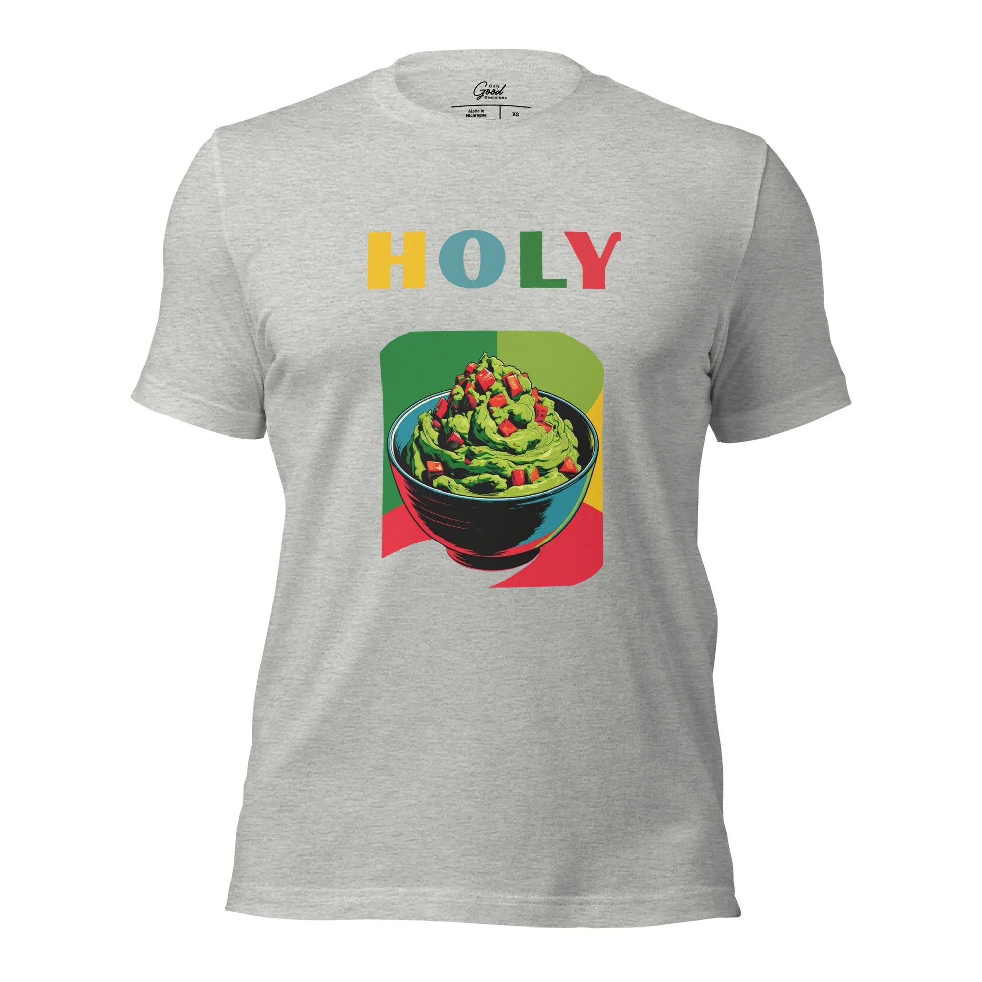 Athletic Heather Holy Guacamole food pun graphic tee featuring the text "HOLY" above a colorful illustration of a bowl of guacamole.