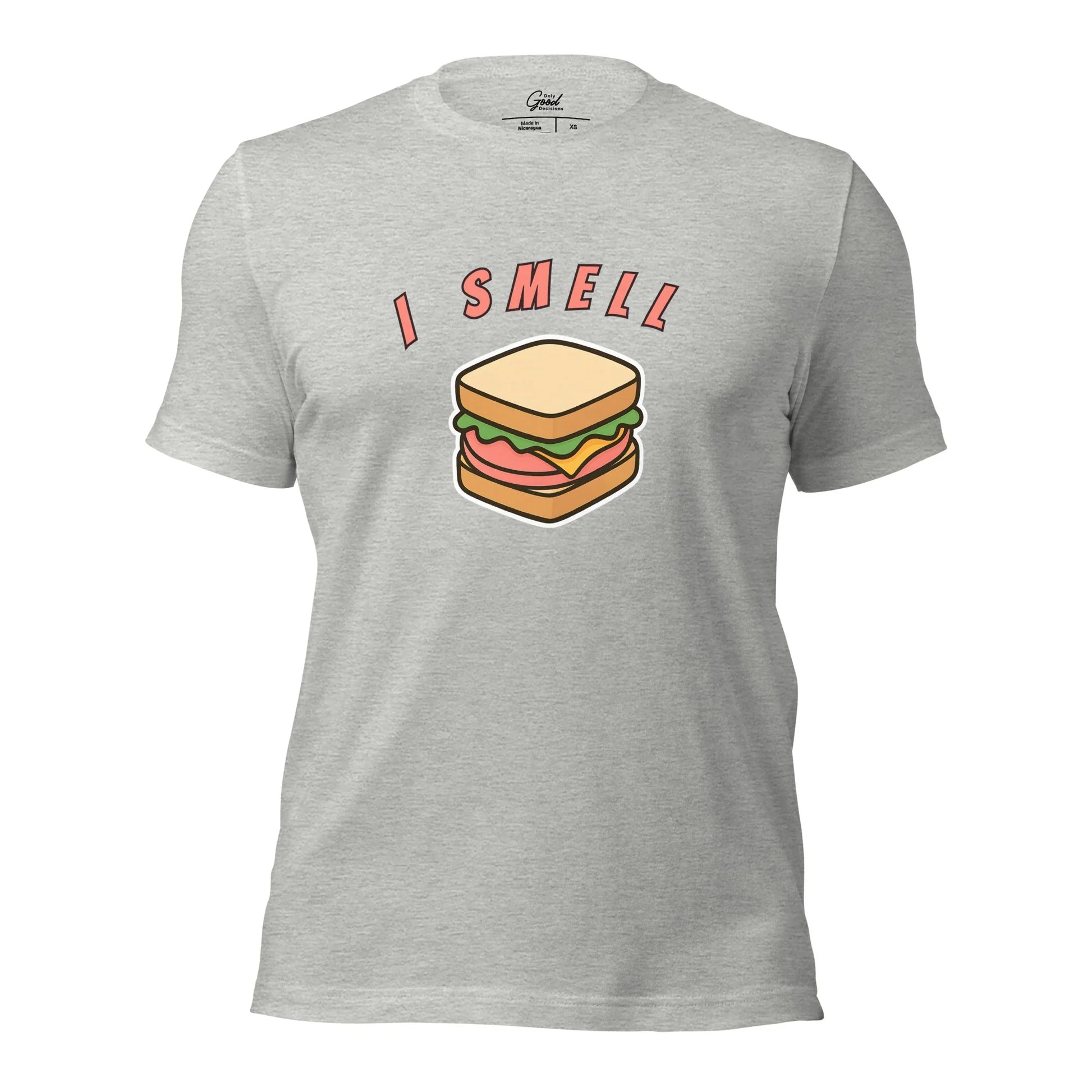 Athletic Heather I Smell Bologna visual pun graphic tee featuring the text "I SMELL" above a cartoon illustration of a bologna sandwich.