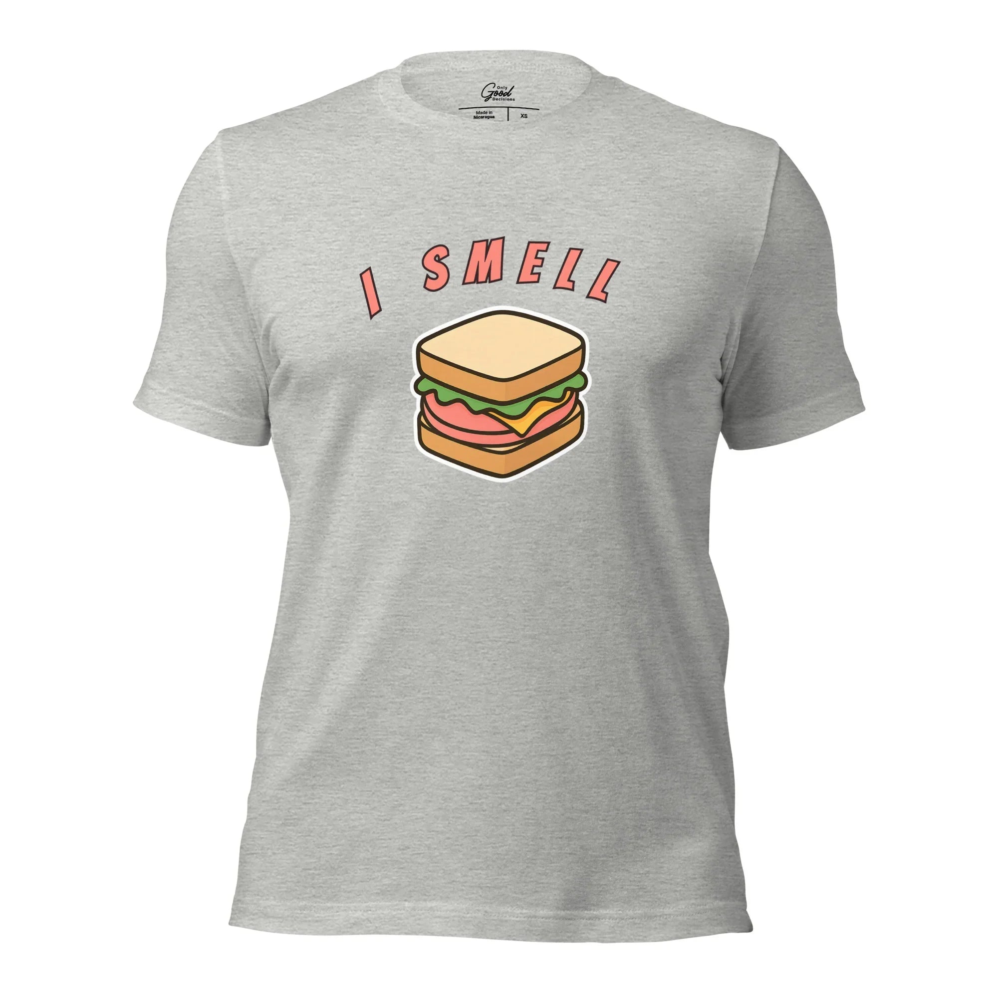 Athletic Heather I Smell Bologna visual pun graphic tee featuring the text "I SMELL" above a cartoon illustration of a bologna sandwich.