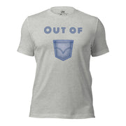 Athletic Heather Out Of Pocket visual pun graphic tee featuring the text "OUT OF" above a graphic of a blue denim pocket.