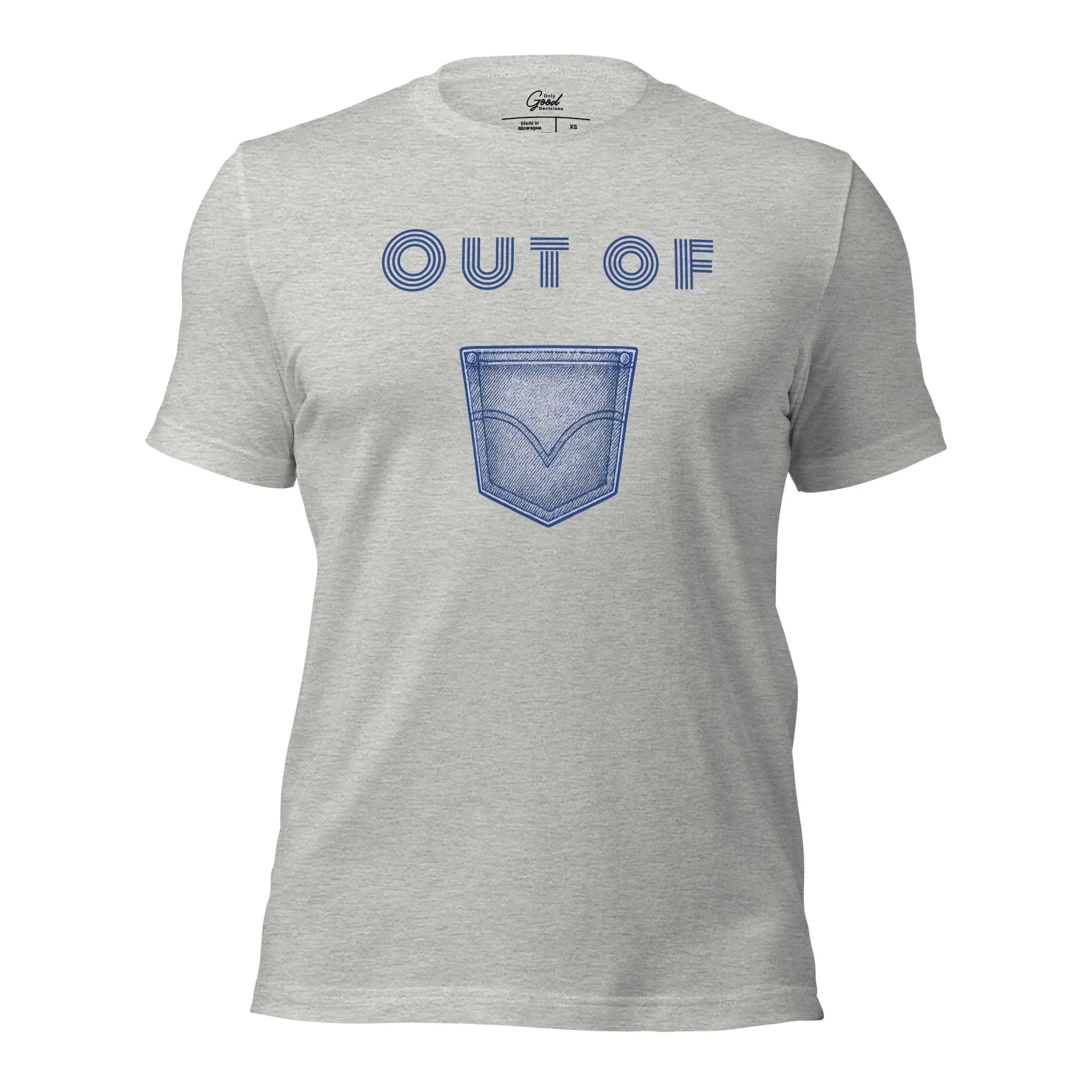 Athletic Heather Out Of Pocket visual pun graphic tee featuring the text "OUT OF" above a graphic of a blue denim pocket.