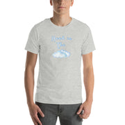 Athletic Heather Head In The Clouds visual pun graphic tee featuring "Head in The" text positioned above a blue watercolor cloud illustration.