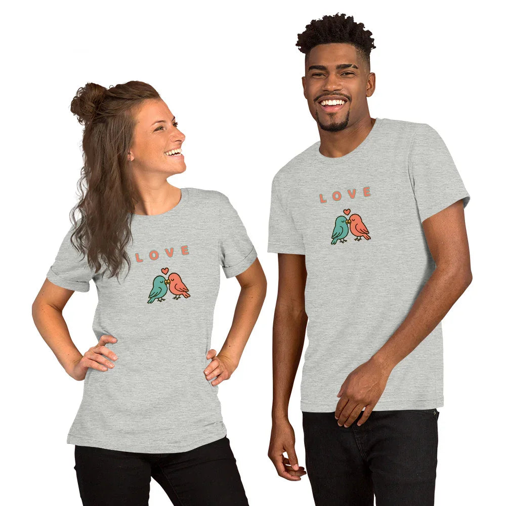 Athletic Heather Love Birds visual pun graphic tee featuring the text "LOVE" above an illustration of two birds.