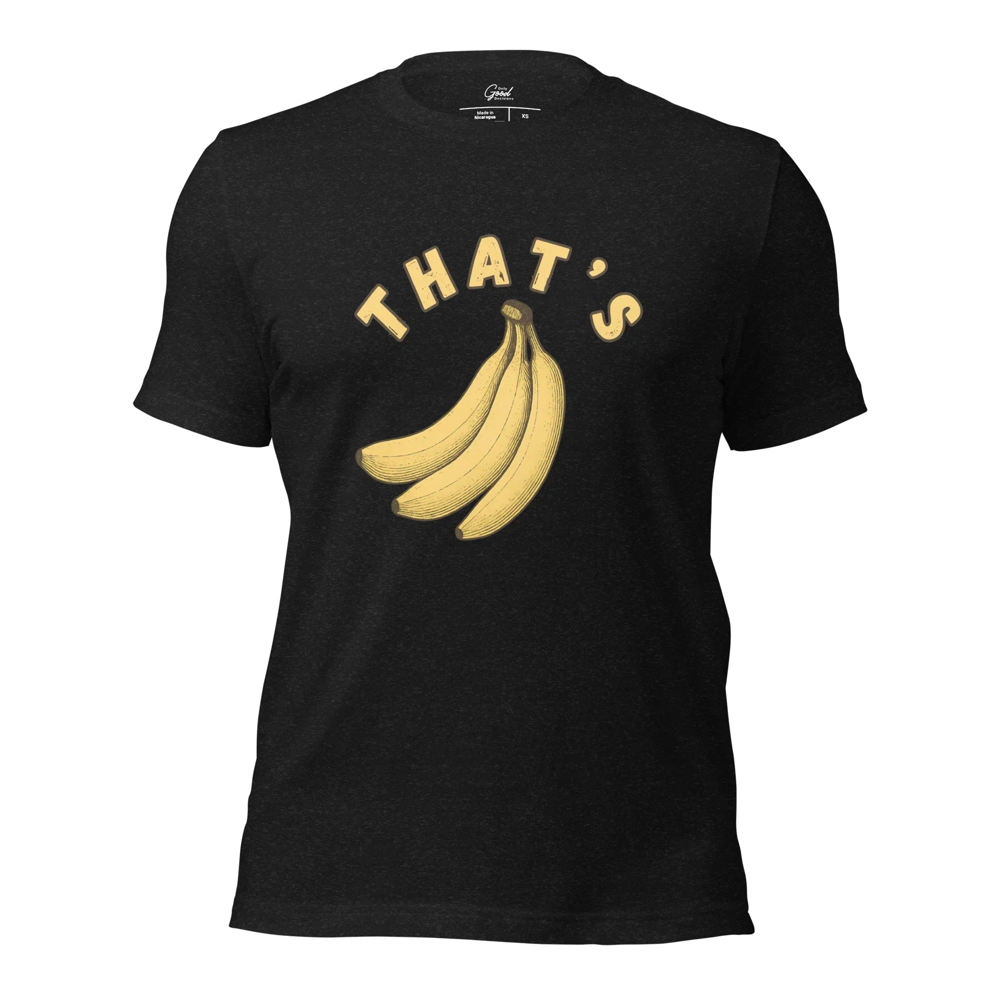 Black Heather That's Bananas visual pun graphic tee featuring the text "THAT'S" curved over an illustration of a bunch of bananas.