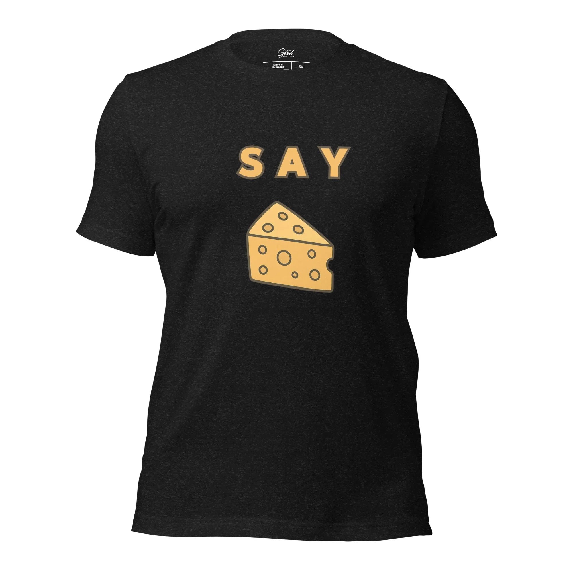 Black Heather Say Cheese visual pun graphic tee featuring the text "SAY" above a cartoon illustration of a wedge of swiss cheese.