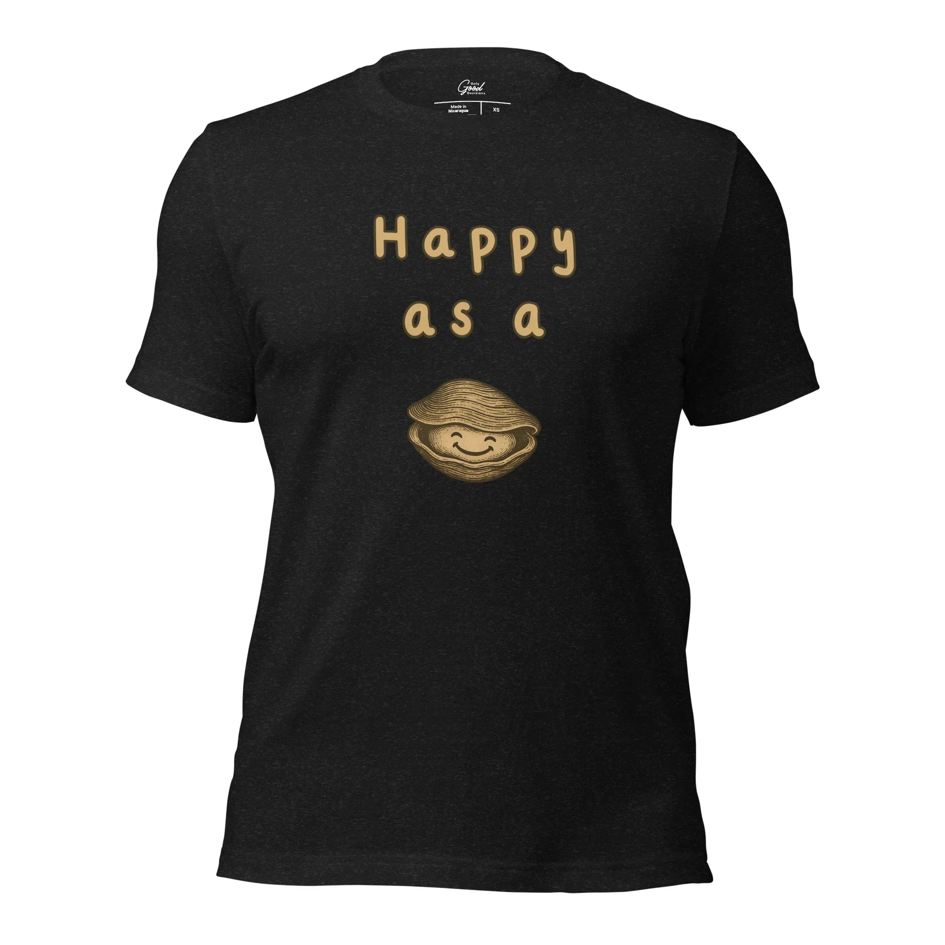 Black Heather Happy As A Clam classic idiom graphic tee featuring the text "Happy as a" above a cartoon illustration of a smiling clam.