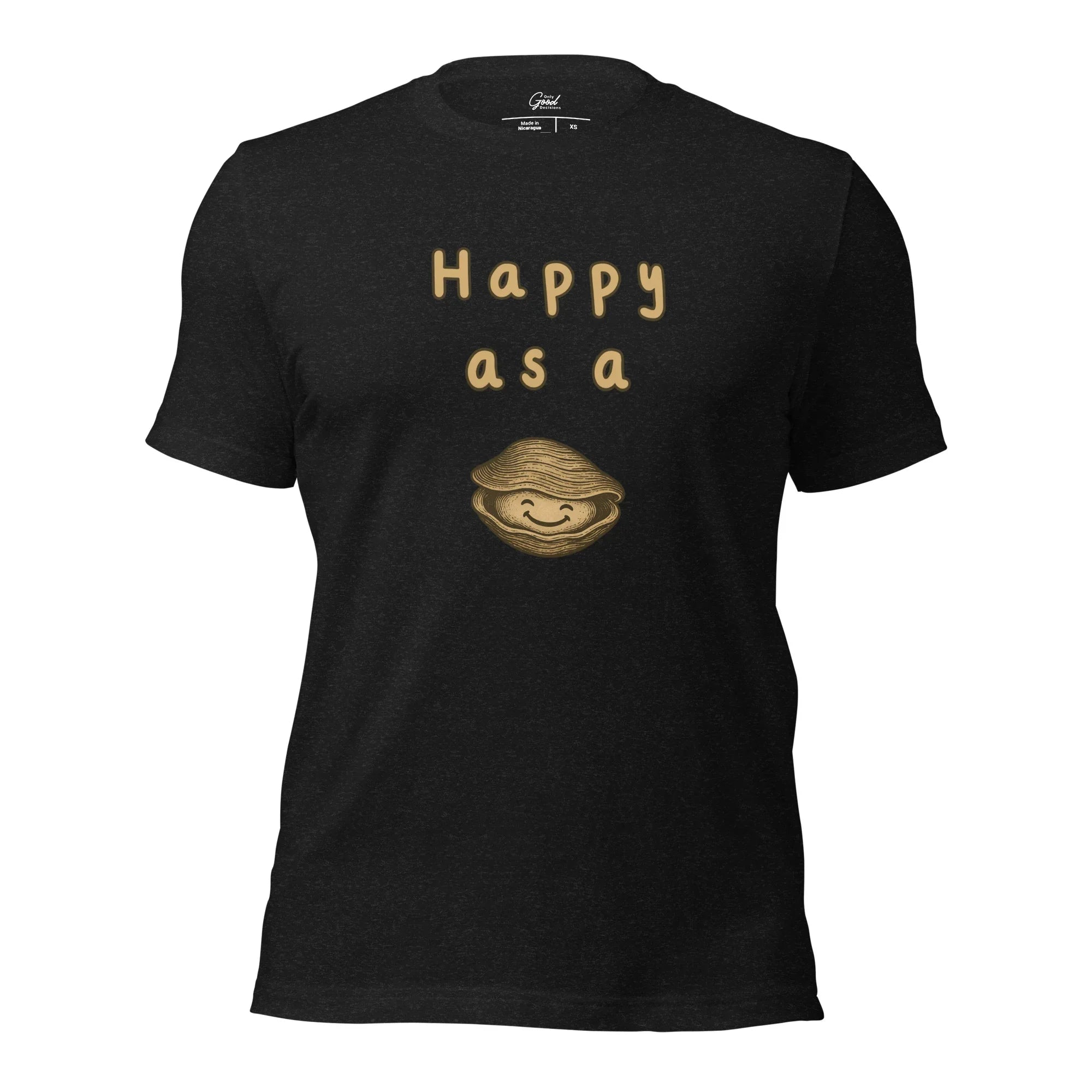 Black Heather Happy As A Clam classic idiom graphic tee featuring the text "Happy as a" above a cartoon illustration of a smiling clam.