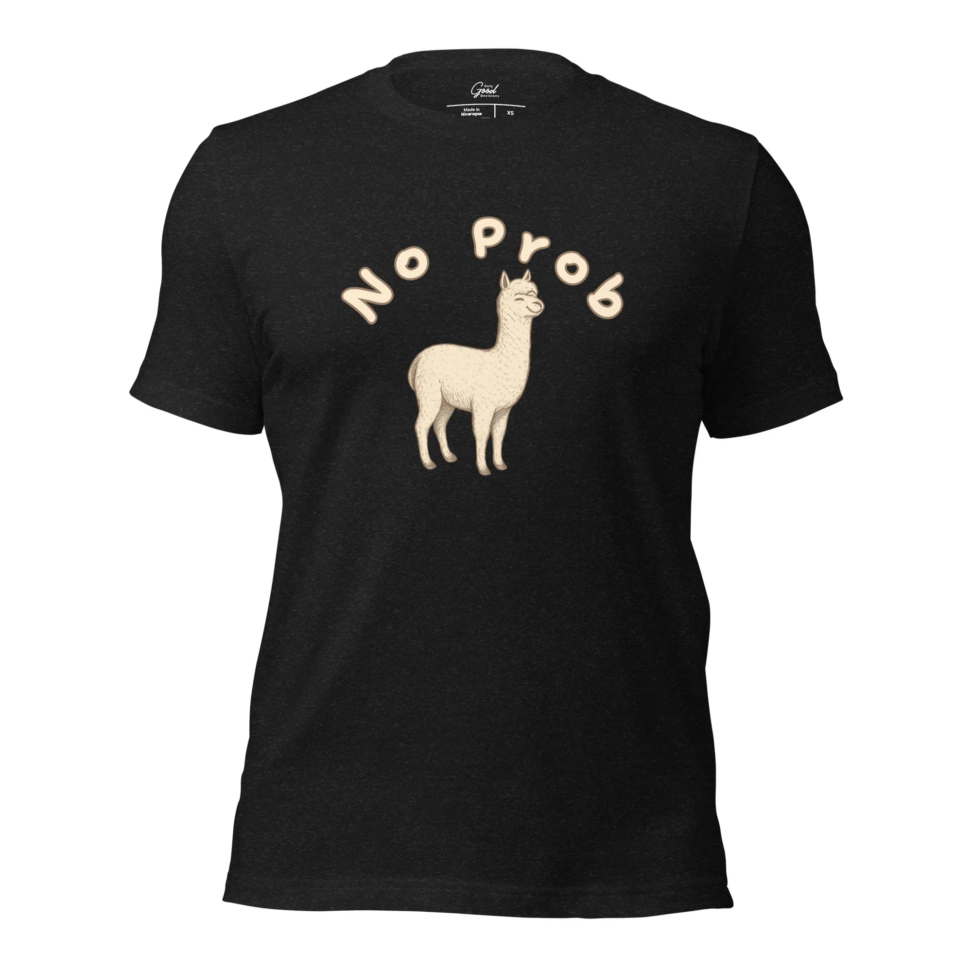 Black Heather No Prob-llama animal pun graphic tee featuring the text "NO PROB" arched over an illustration of a standing llama.