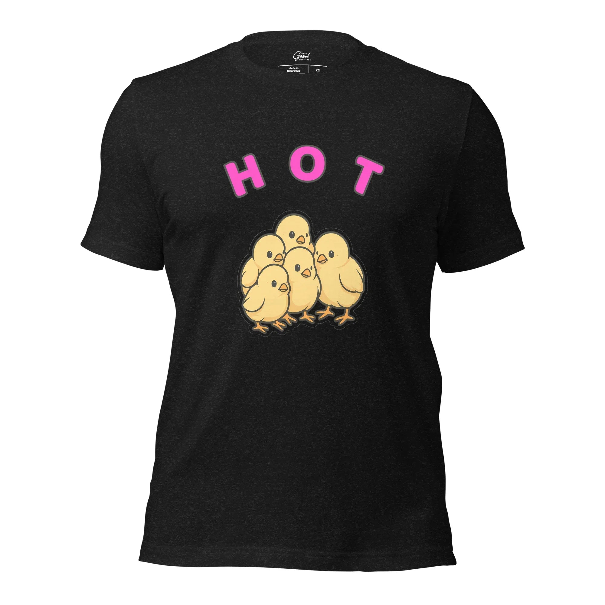 Black Heather Hot Chicks visual pun graphic tee featuring the text "HOT" in pink above an illustration of a group of baby chickens.