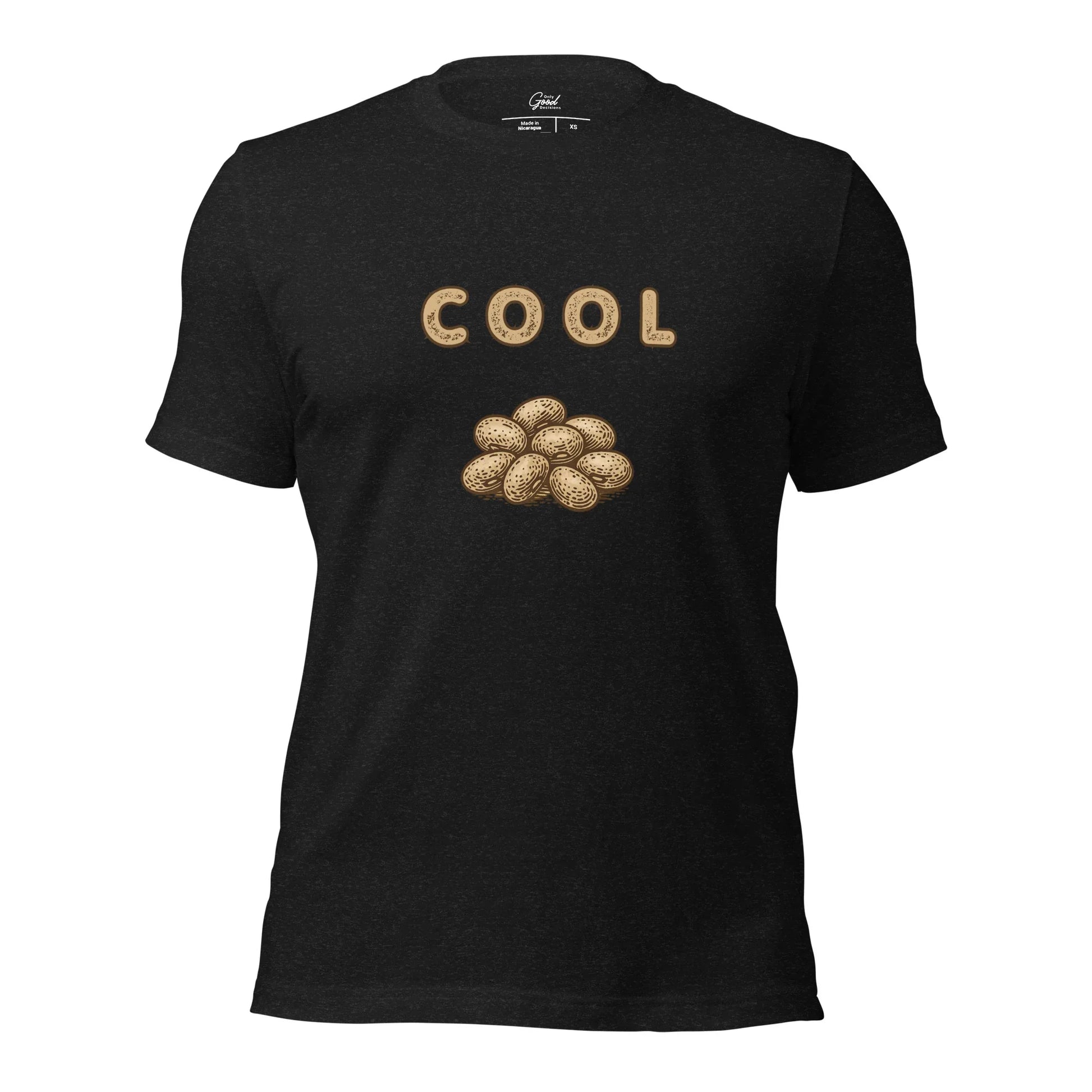 Black Heather Cool Beans retro slang graphic tee featuring the text "COOL" above an illustration of a pile of beans.