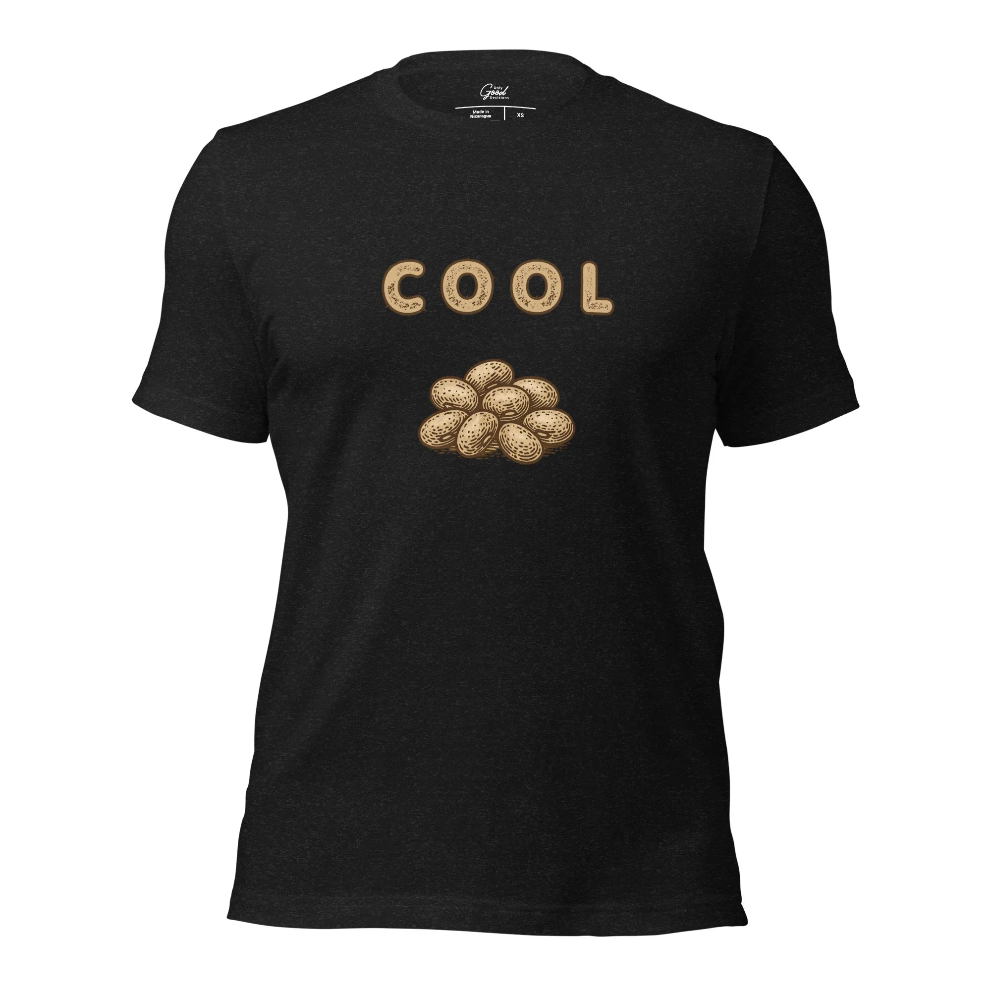 Black Heather Cool Beans retro slang graphic tee featuring the text "COOL" above an illustration of a pile of beans.