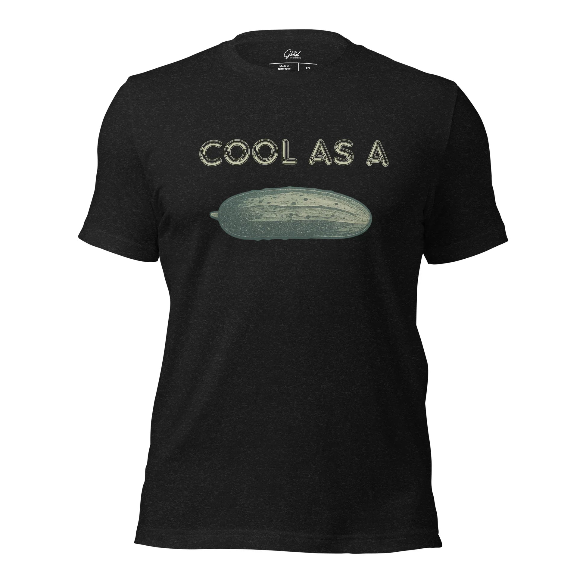 Black Heather Cool As A Cucumber visual pun graphic tee featuring the text "COOL AS A" above a realistic illustration of a cucumber.