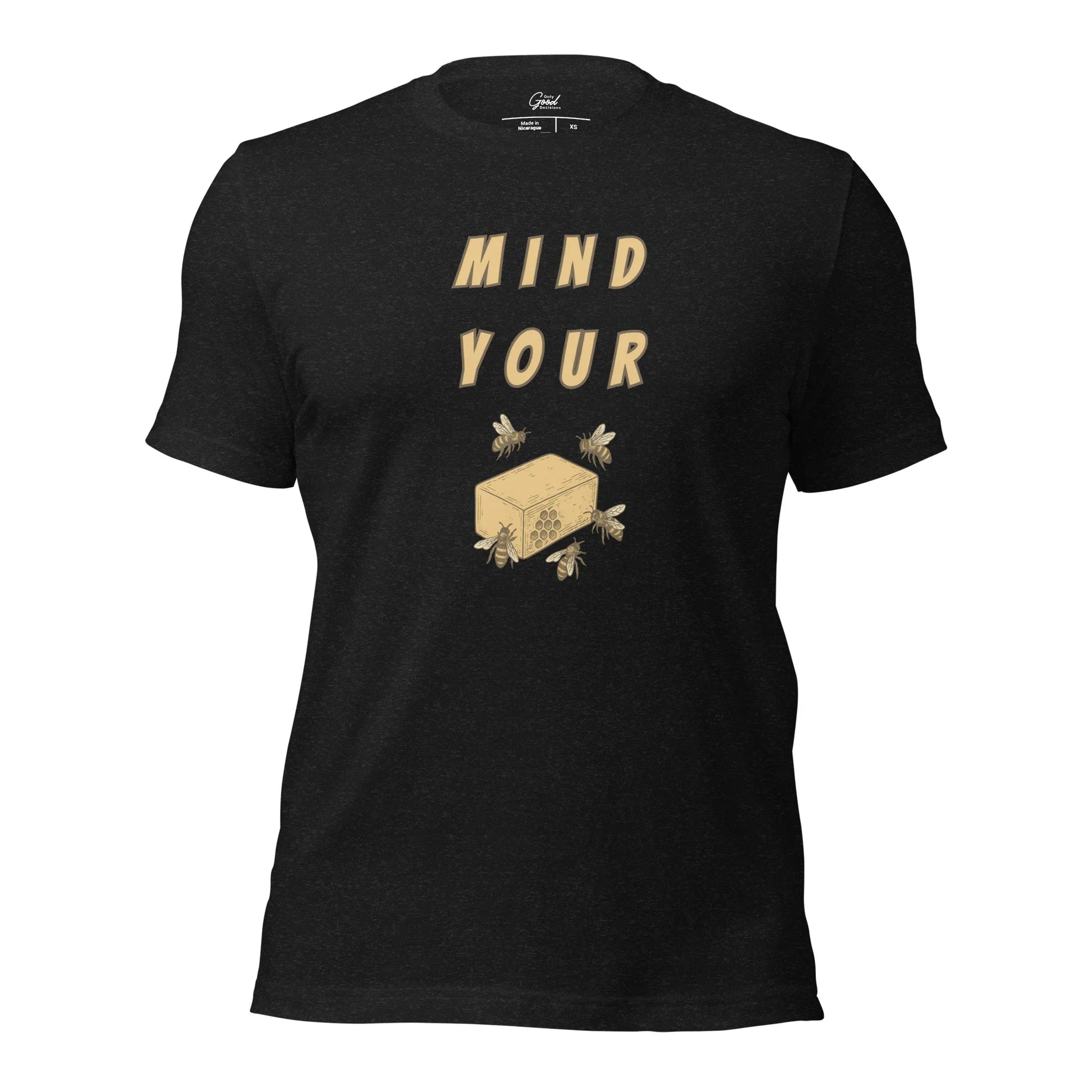 Black Heather Mind Your Bee's Wax visual pun graphic tee featuring the text "MIND YOUR" above an illustration of bees and a block of wax.