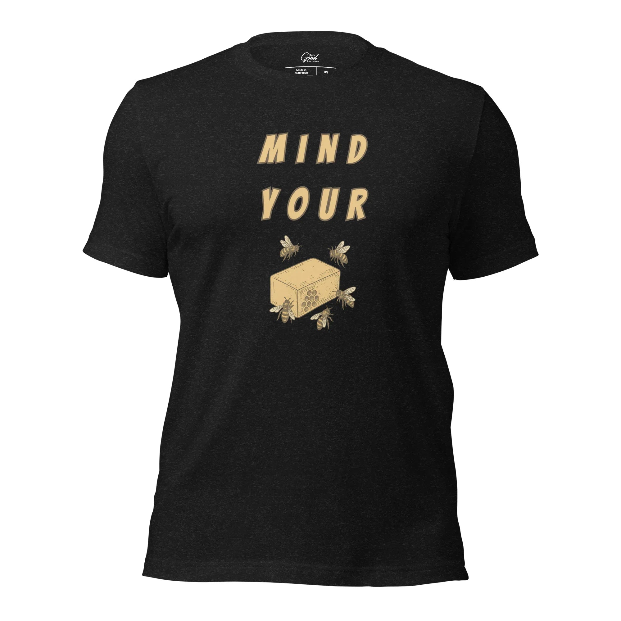 Black Heather Mind Your Bee's Wax visual pun graphic tee featuring the text "MIND YOUR" above an illustration of bees and a block of wax.