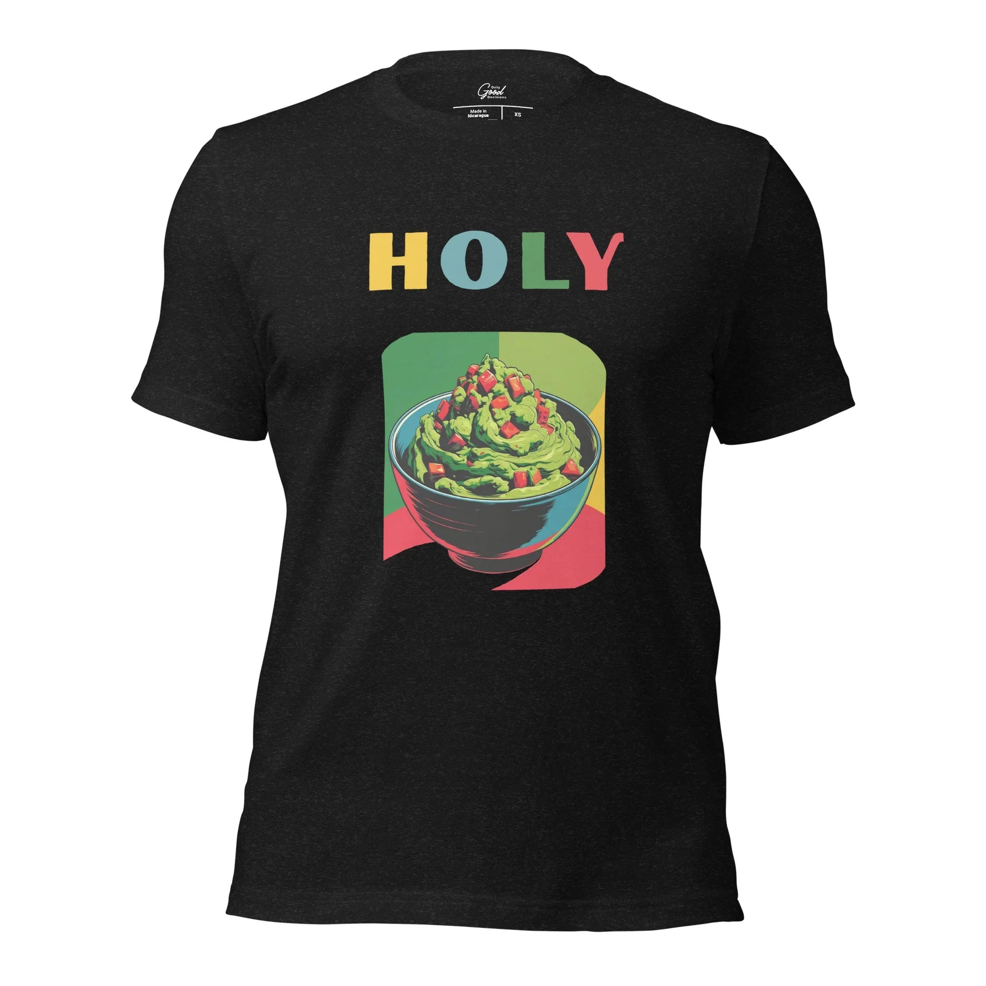 Black Heather Holy Guacamole food pun graphic tee featuring the text "HOLY" above a colorful illustration of a bowl of guacamole.