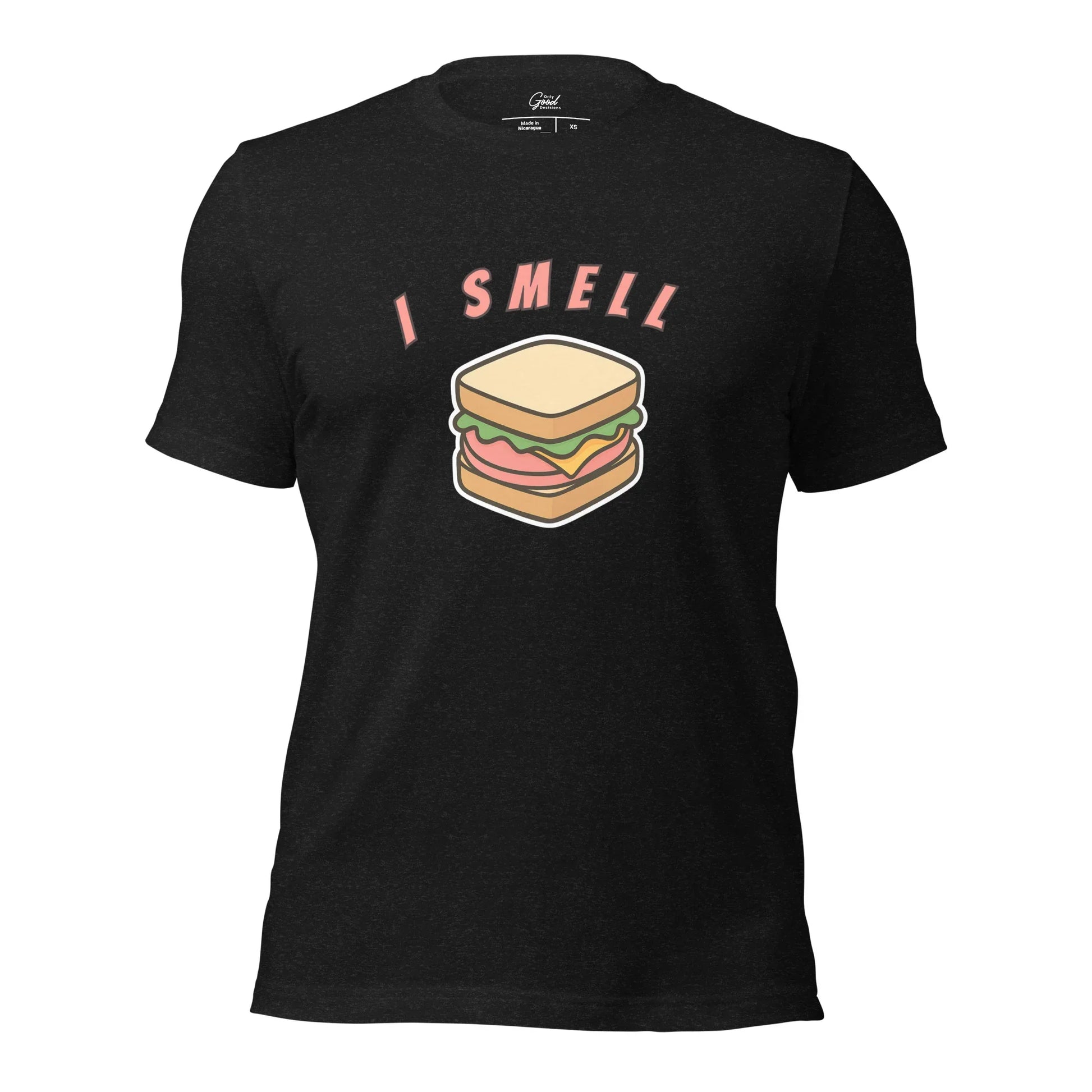 Black Heather I Smell Bologna visual pun graphic tee featuring the text "I SMELL" above a cartoon illustration of a bologna sandwich.