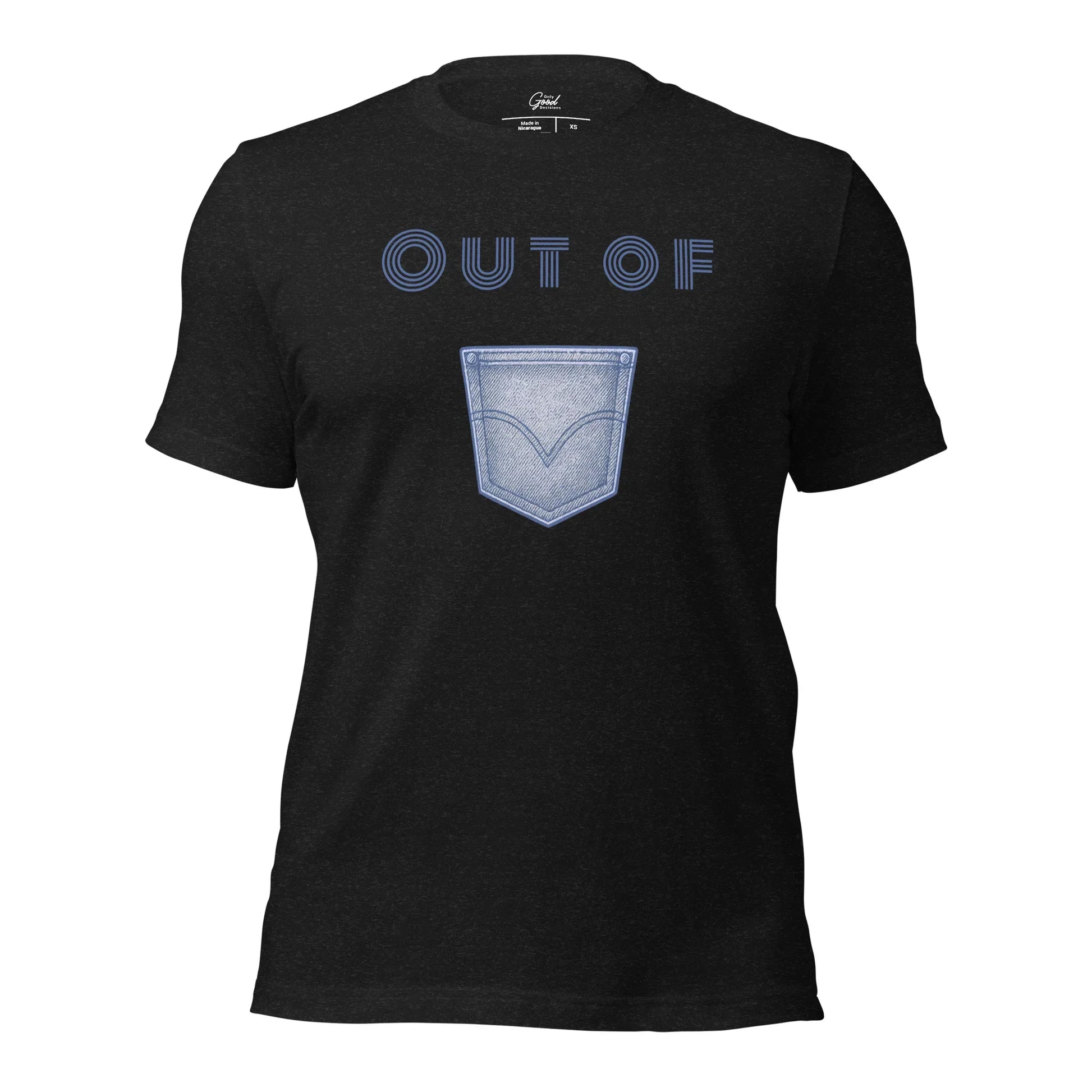 Black Heather Out Of Pocket visual pun graphic tee featuring the text "OUT OF" above a graphic of a blue denim pocket.