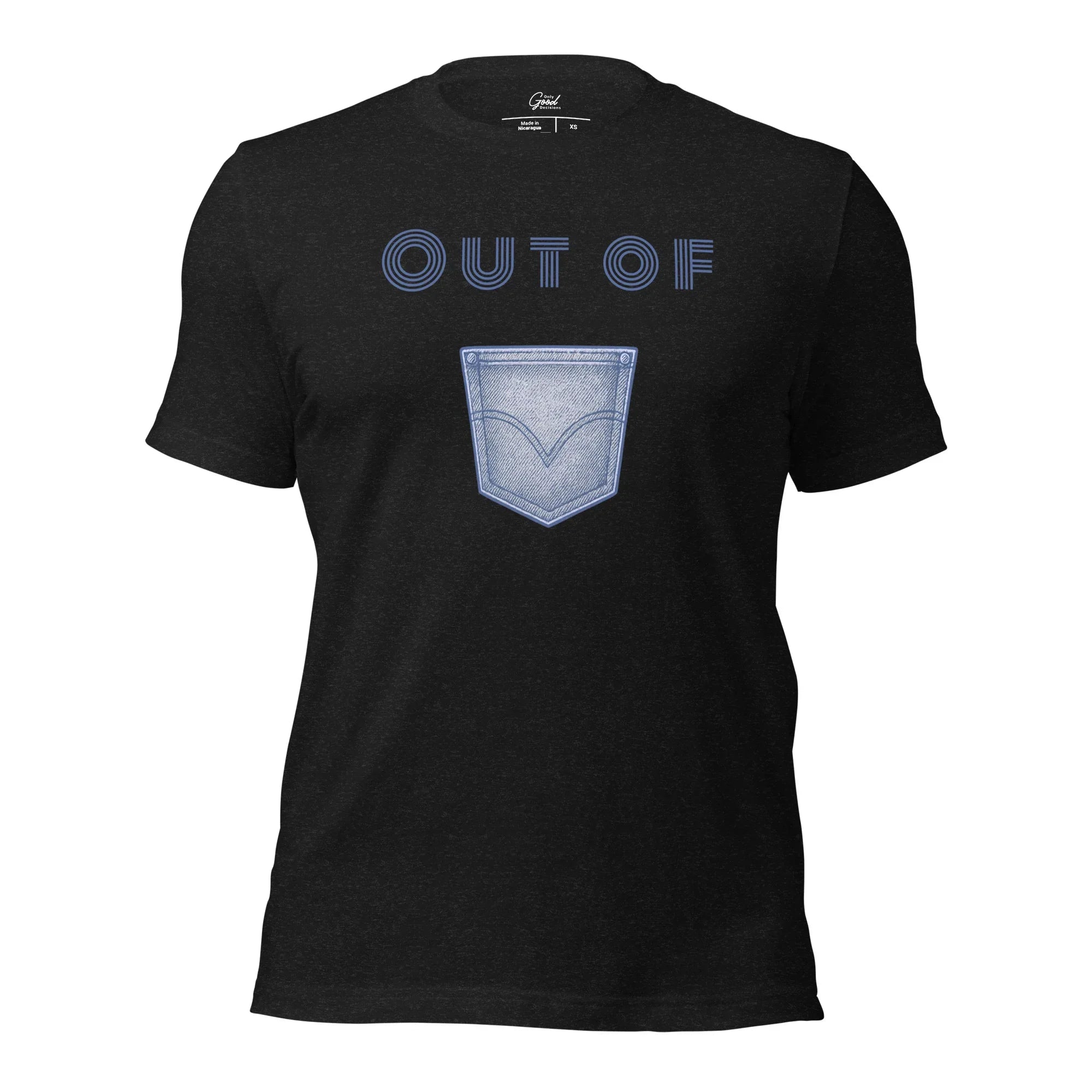 Black Heather Out Of Pocket visual pun graphic tee featuring the text "OUT OF" above a graphic of a blue denim pocket.