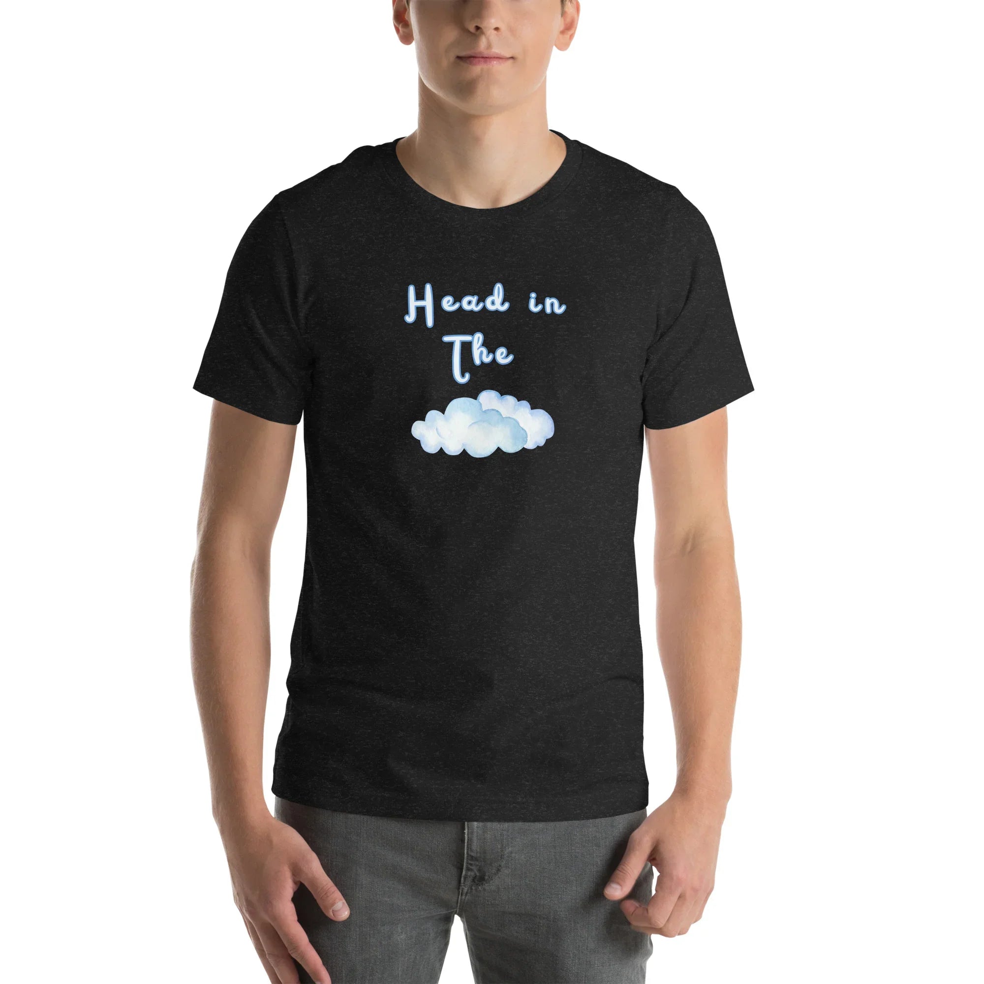 Black Heather Head In The Clouds visual pun graphic tee featuring "Head in The" text positioned above a blue watercolor cloud illustration.