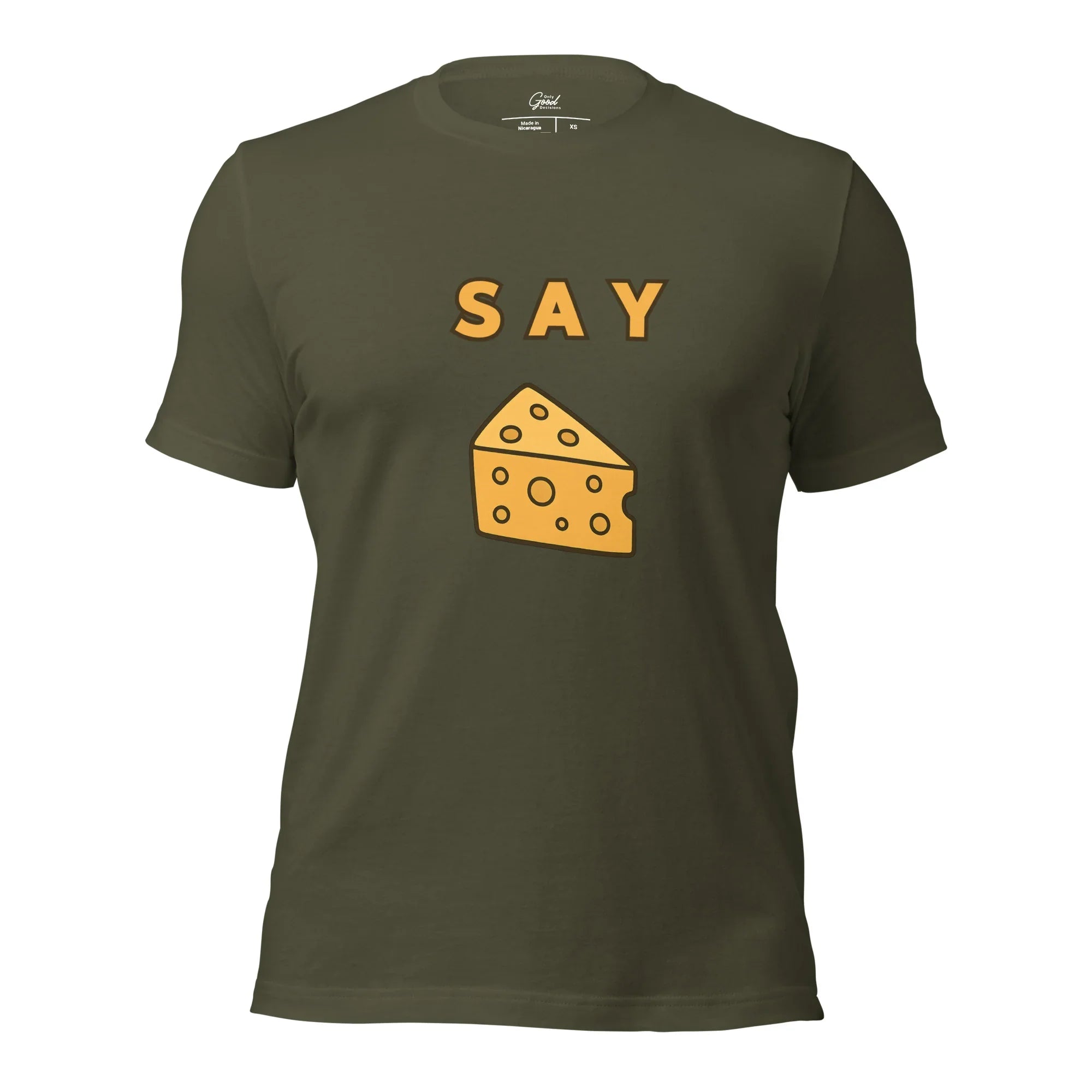 Military Green Say Cheese visual pun graphic tee featuring the text "SAY" above a cartoon illustration of a wedge of swiss cheese.