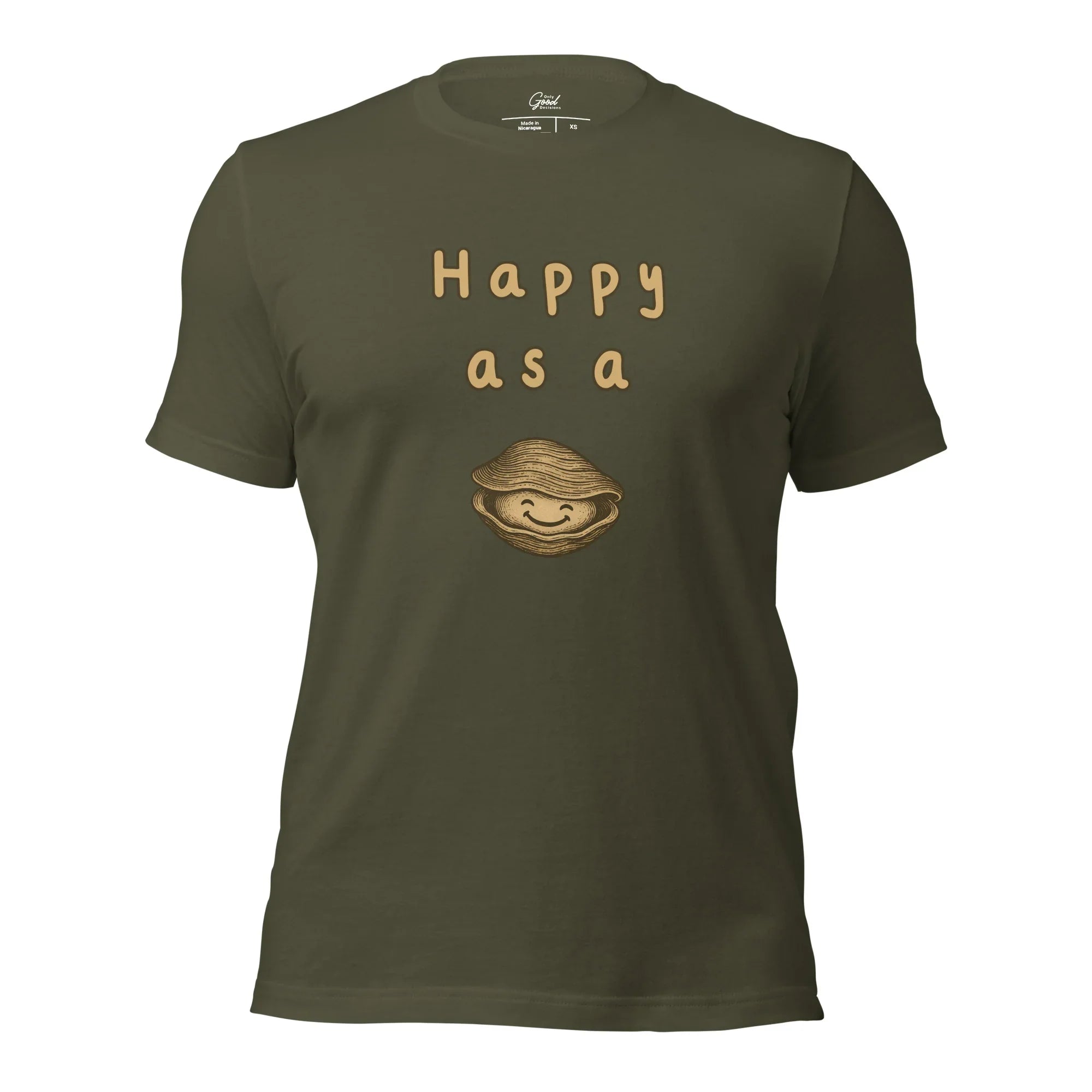 Military Green Happy As A Clam classic idiom graphic tee featuring the text "Happy as a" above a cartoon illustration of a smiling clam.