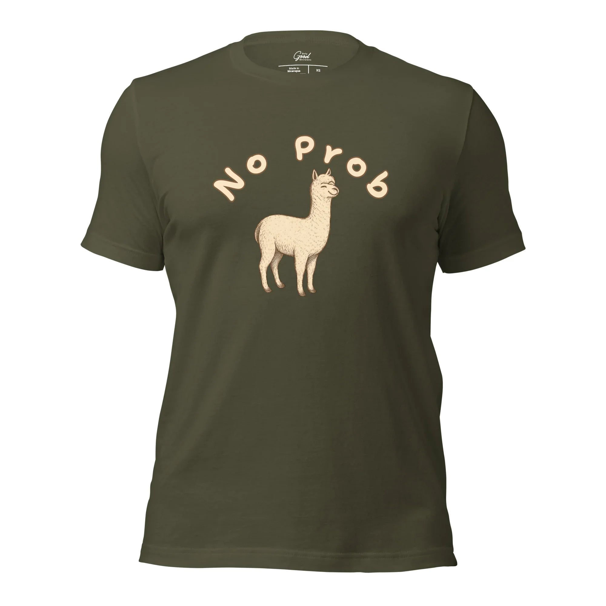 Military Green No Prob-llama animal pun graphic tee featuring the text "NO PROB" arched over an illustration of a standing llama.