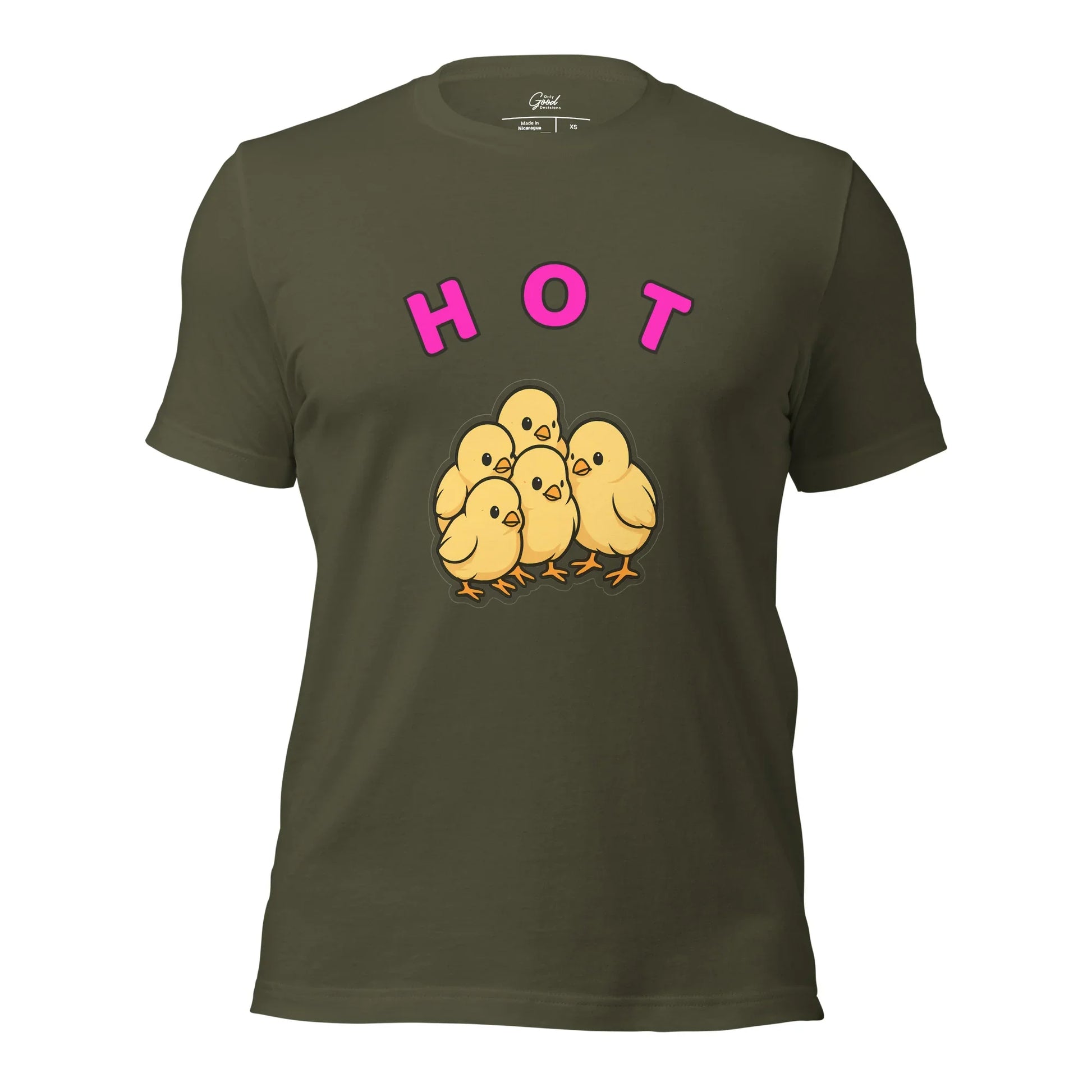 Military Green Hot Chicks visual pun graphic tee featuring the text "HOT" in pink above an illustration of a group of baby chickens.