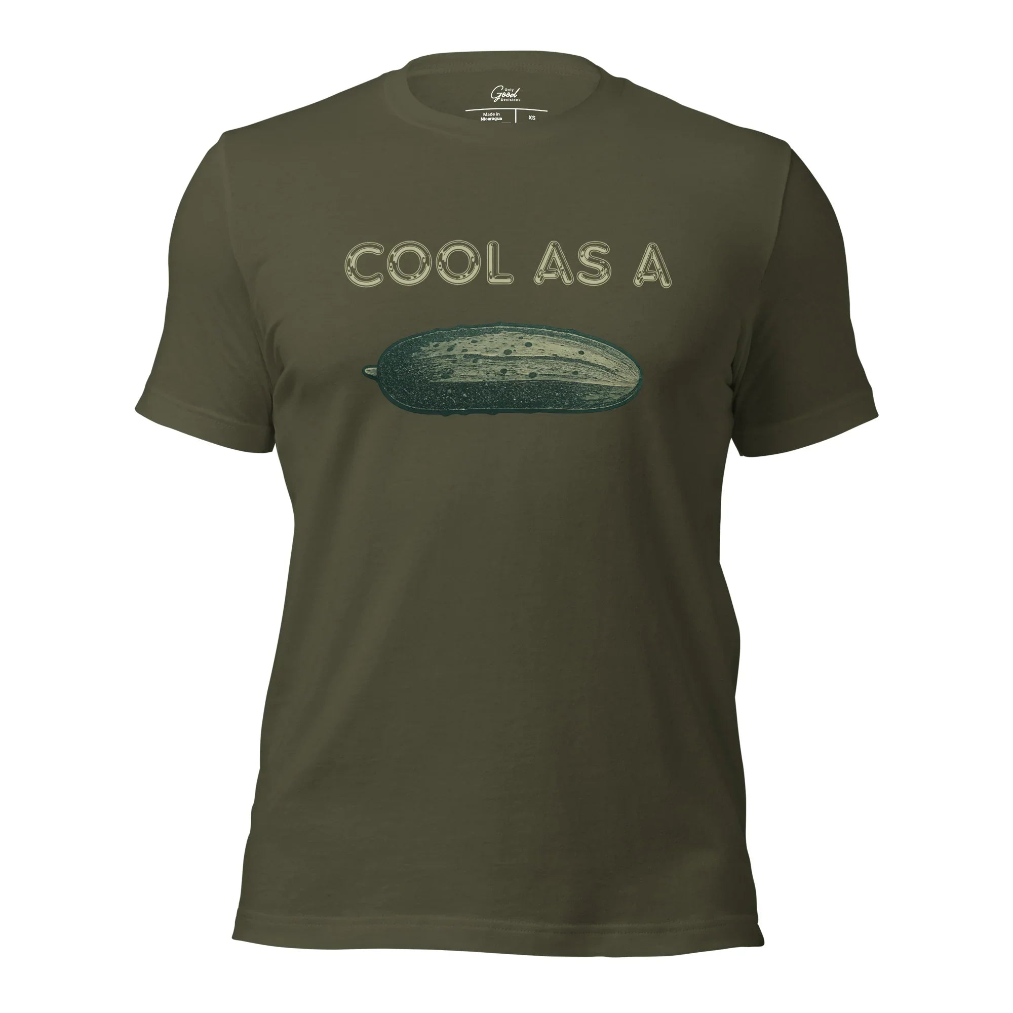 Miltary Green Cool As A Cucumber visual pun graphic tee featuring the text "COOL AS A" above a realistic illustration of a cucumber.