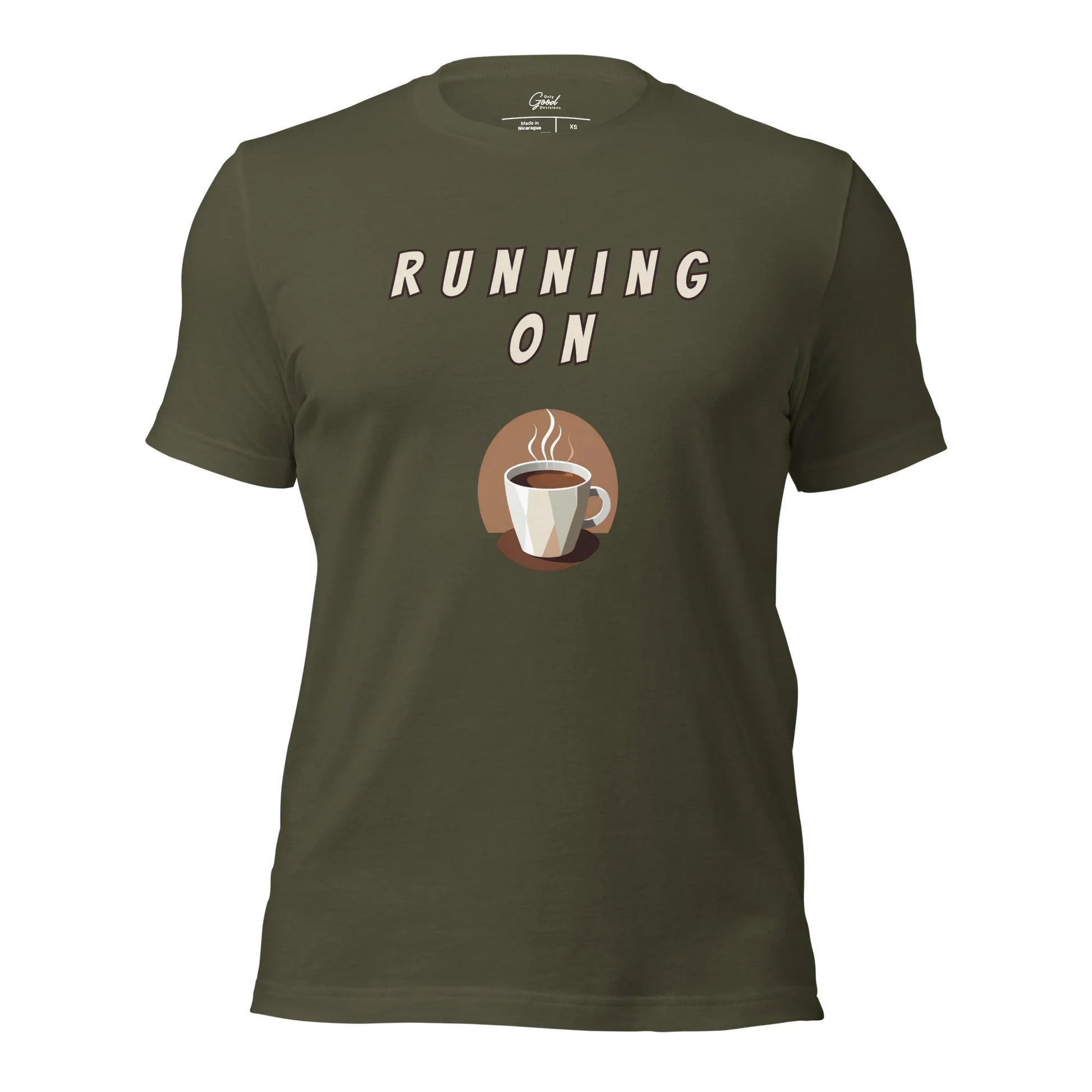 Military Green Running On Espresso coffee lover graphic tee featuring the text "RUNNING ON" above an illustration of a steaming cup of espresso.
