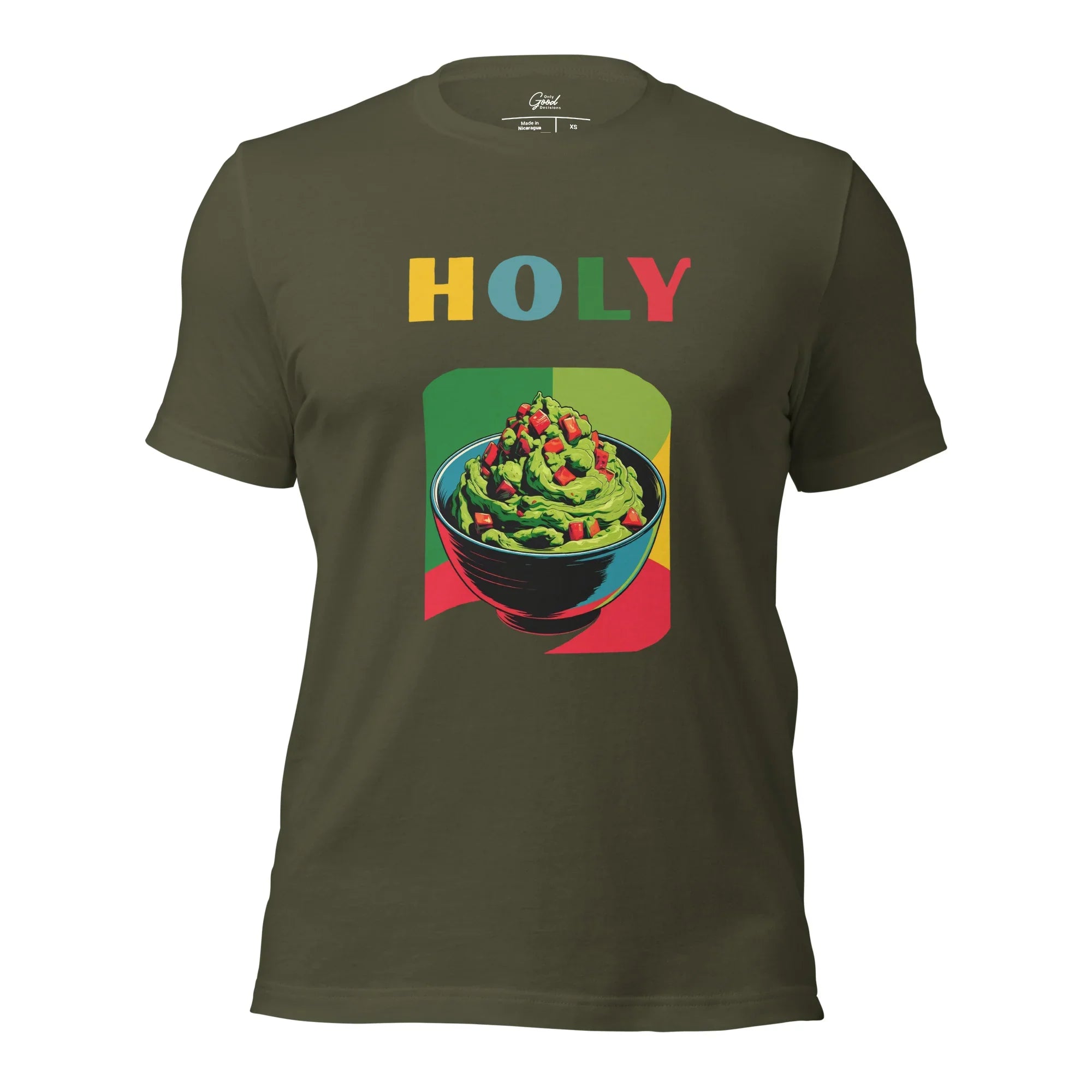 Military Green Holy Guacamole food pun graphic tee featuring the text "HOLY" above a colorful illustration of a bowl of guacamole.