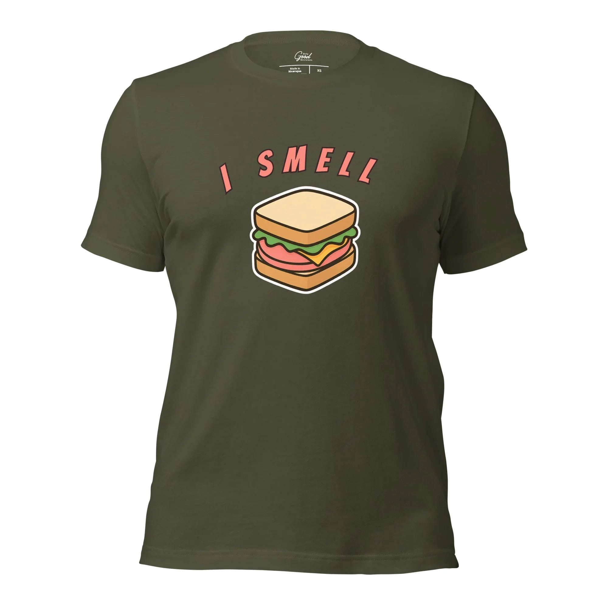 Military Green I Smell Bologna visual pun graphic tee featuring the text "I SMELL" above a cartoon illustration of a bologna sandwich.