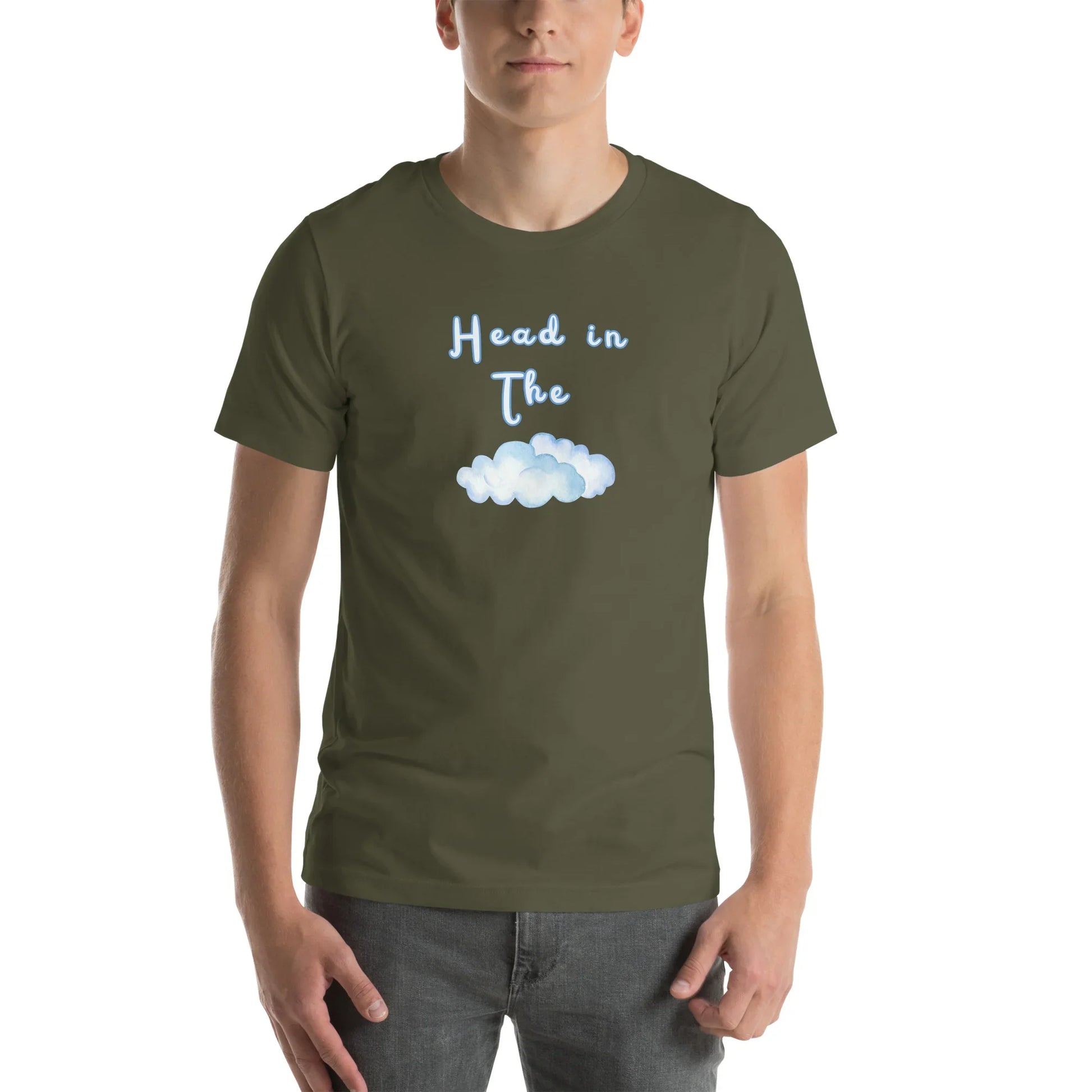 Military Green Head In The Clouds visual pun graphic tee featuring "Head in The" text positioned above a blue watercolor cloud illustration.