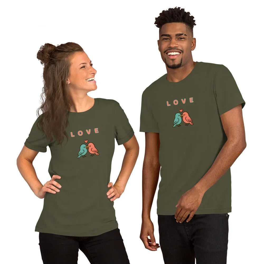 Military Green Love Birds visual pun graphic tee featuring the text "LOVE" above an illustration of two birds.